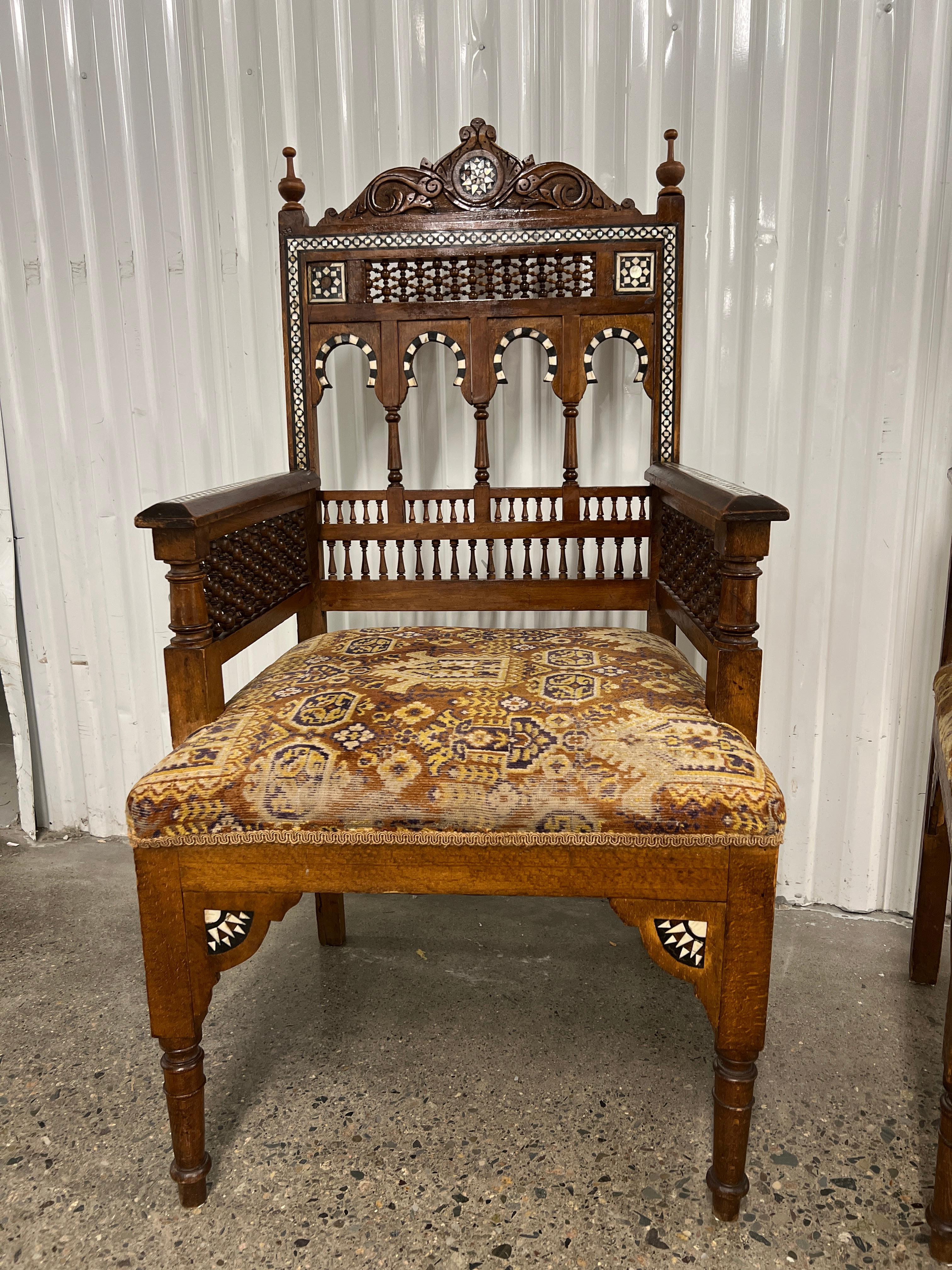 Anglo-Indian 3 Pc, Moorish Syrian Inlaid Arabesque Sofa & Pair of Armchairs Suite C. 1900 For Sale
