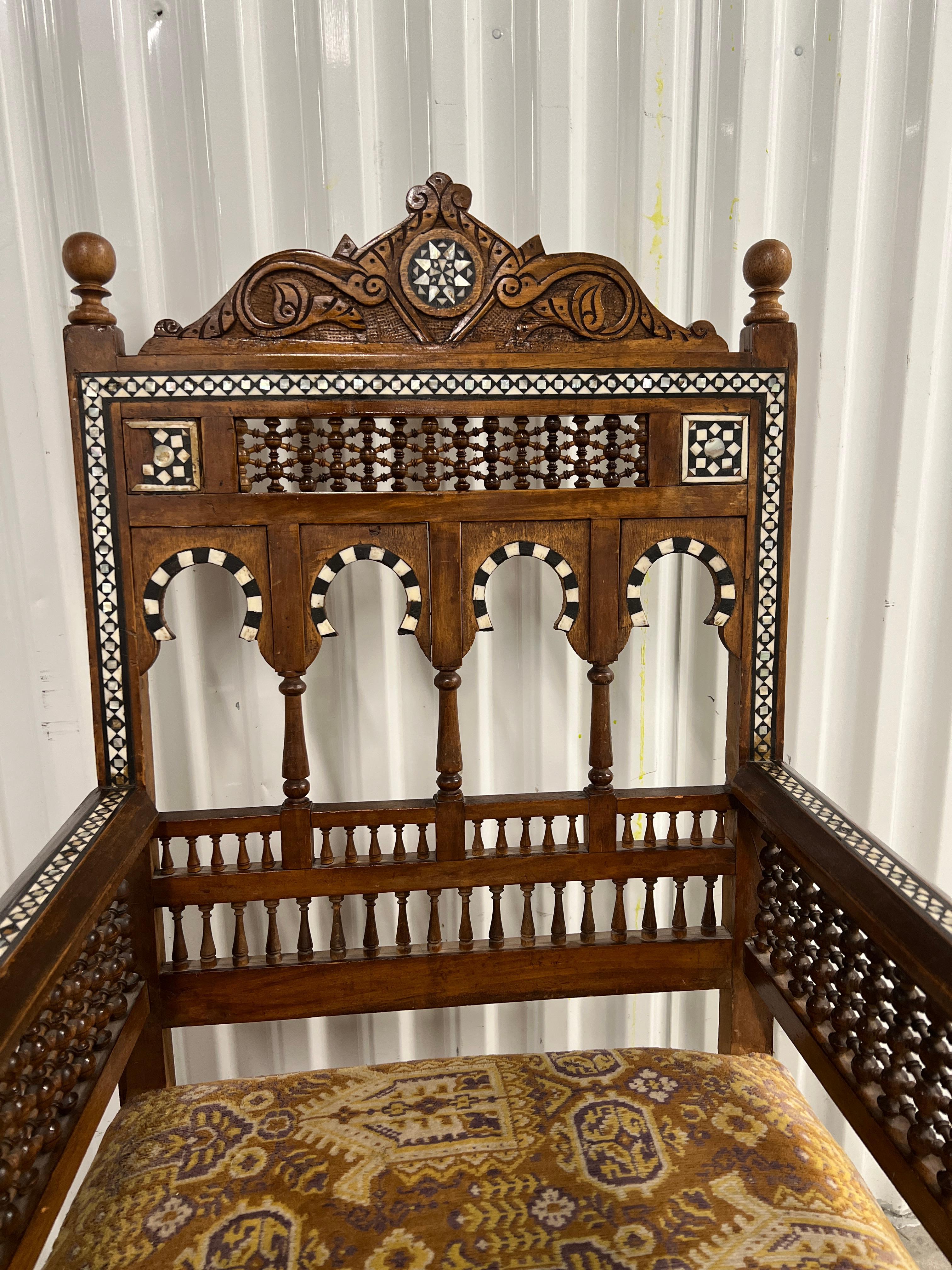 Walnut 3 Pc, Moorish Syrian Inlaid Arabesque Sofa & Pair of Armchairs Suite C. 1900 For Sale