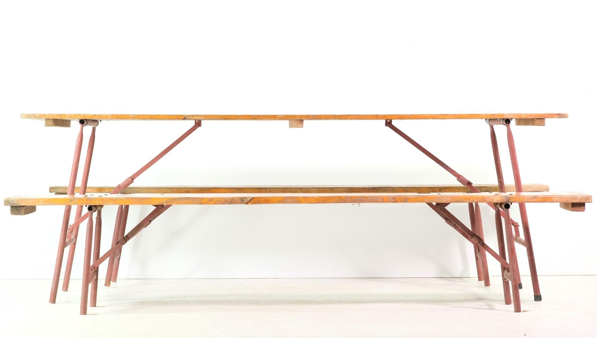 3 Pc. Pine Wood Folding Picnic Table Set W/ Red Painted Compact Metal Legs 1900s 1