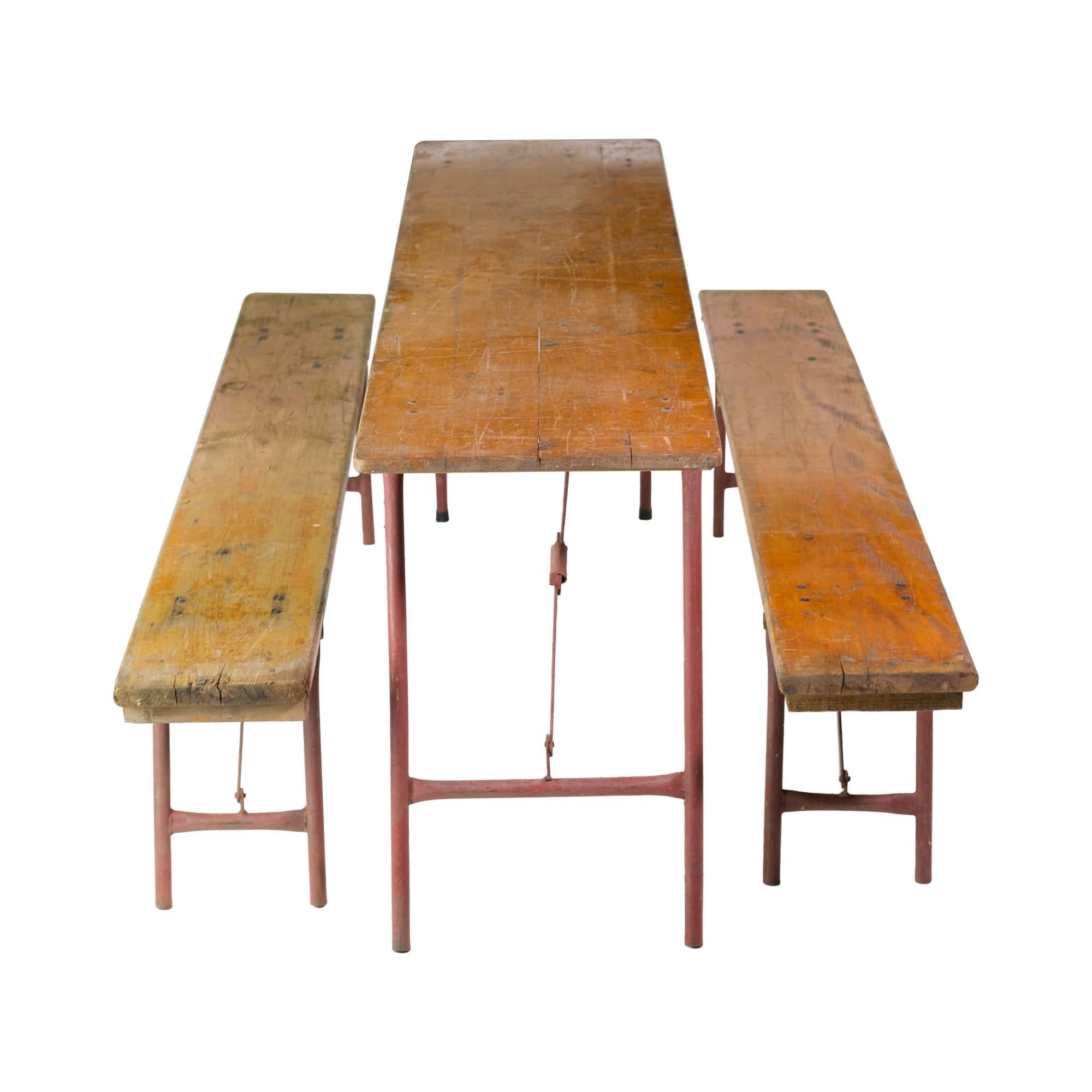 3 Pc. Pine Wood Folding Picnic Table Set W/ Red Painted Compact Metal Legs 1900s 2