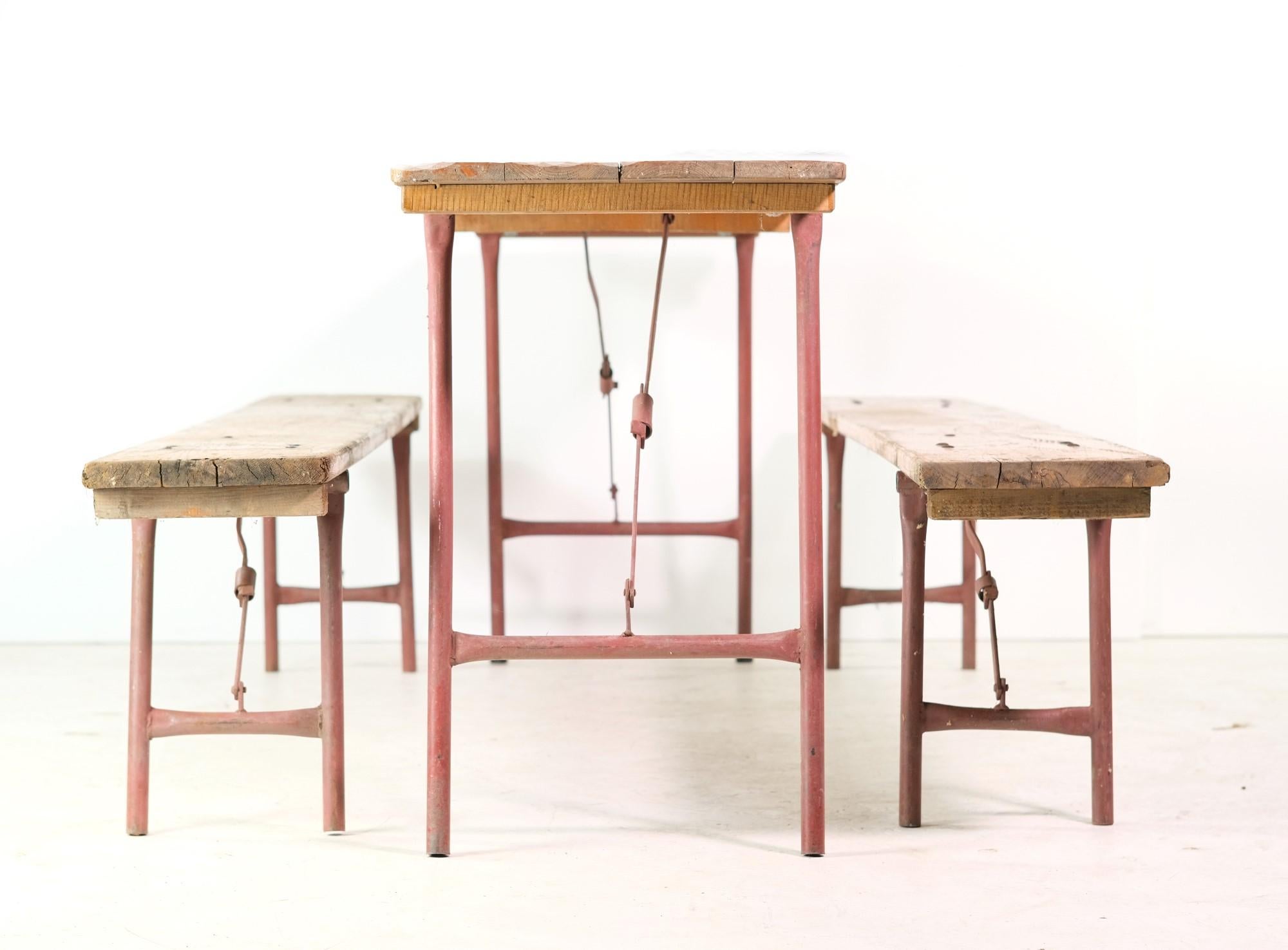 3 Pc. Pine Wood Folding Picnic Table Set W/ Red Painted Compact Metal Legs 1900s 3