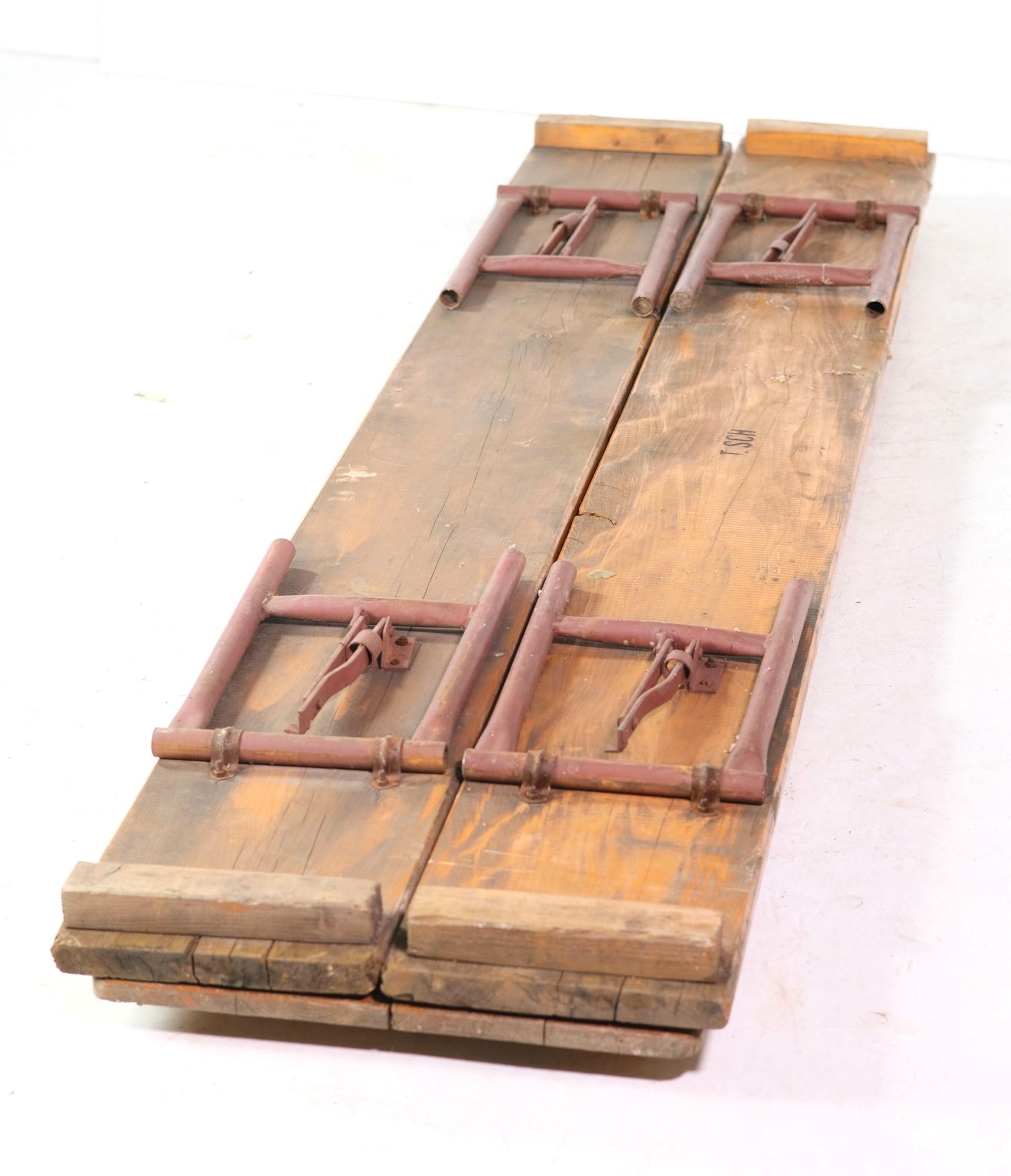 3 Pc. Pine Wood Folding Picnic Table Set W/ Red Painted Compact Metal Legs 1900s 5