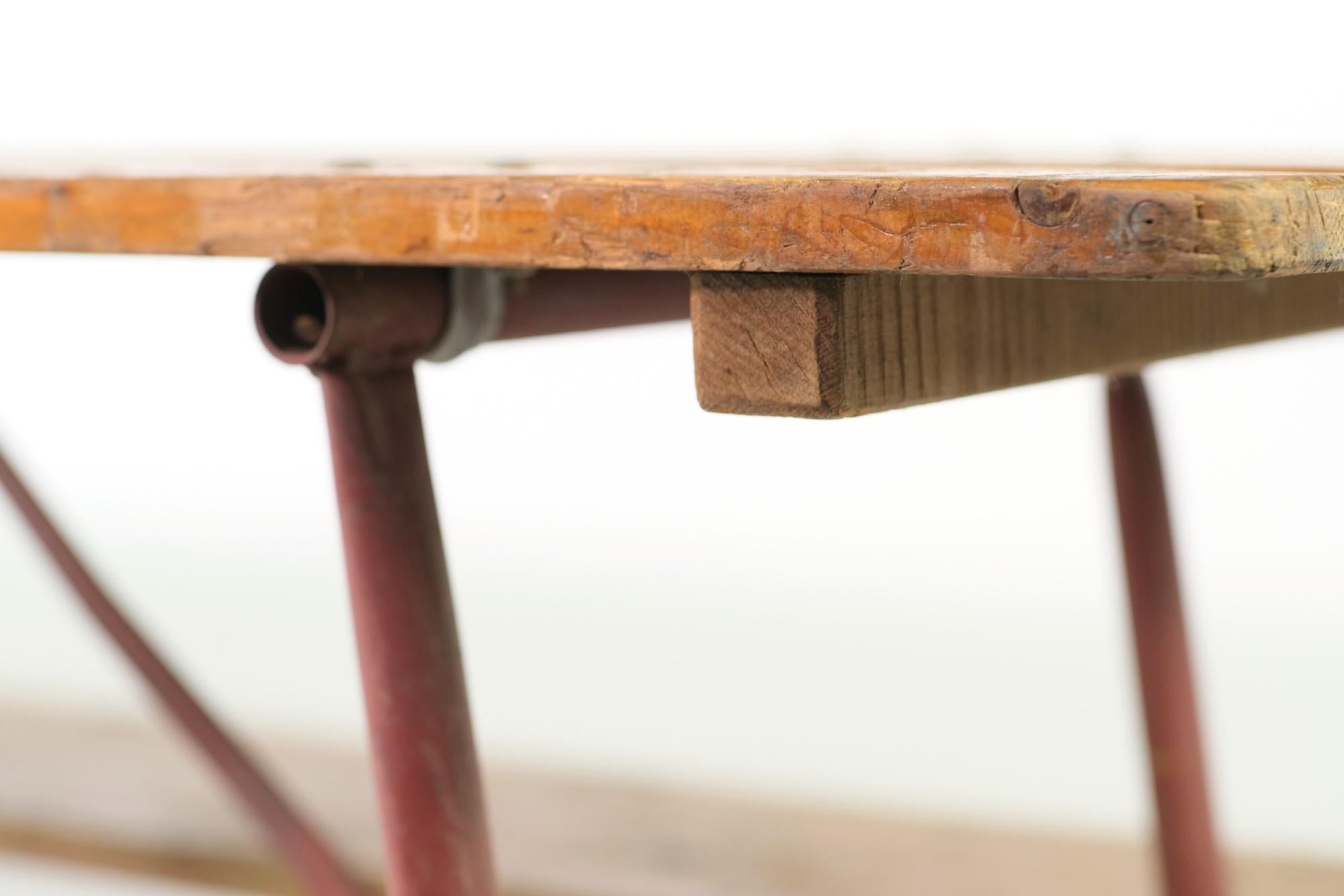 20th Century 3 Pc. Pine Wood Folding Picnic Table Set W/ Red Painted Compact Metal Legs 1900s