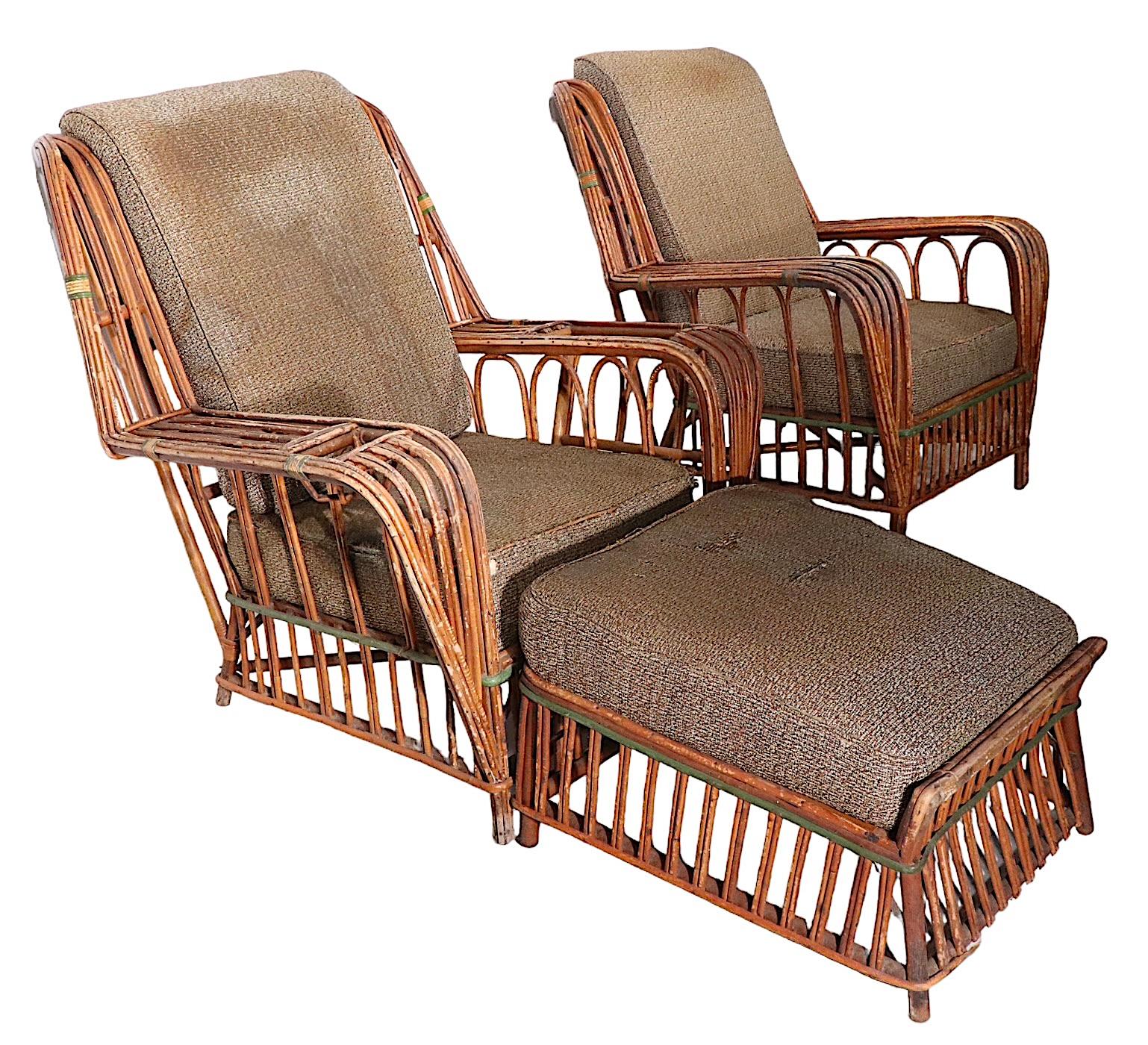 American 3 Pc Set Art Deco Split Reed Chairs and Ottoman, circa 1920-1930s