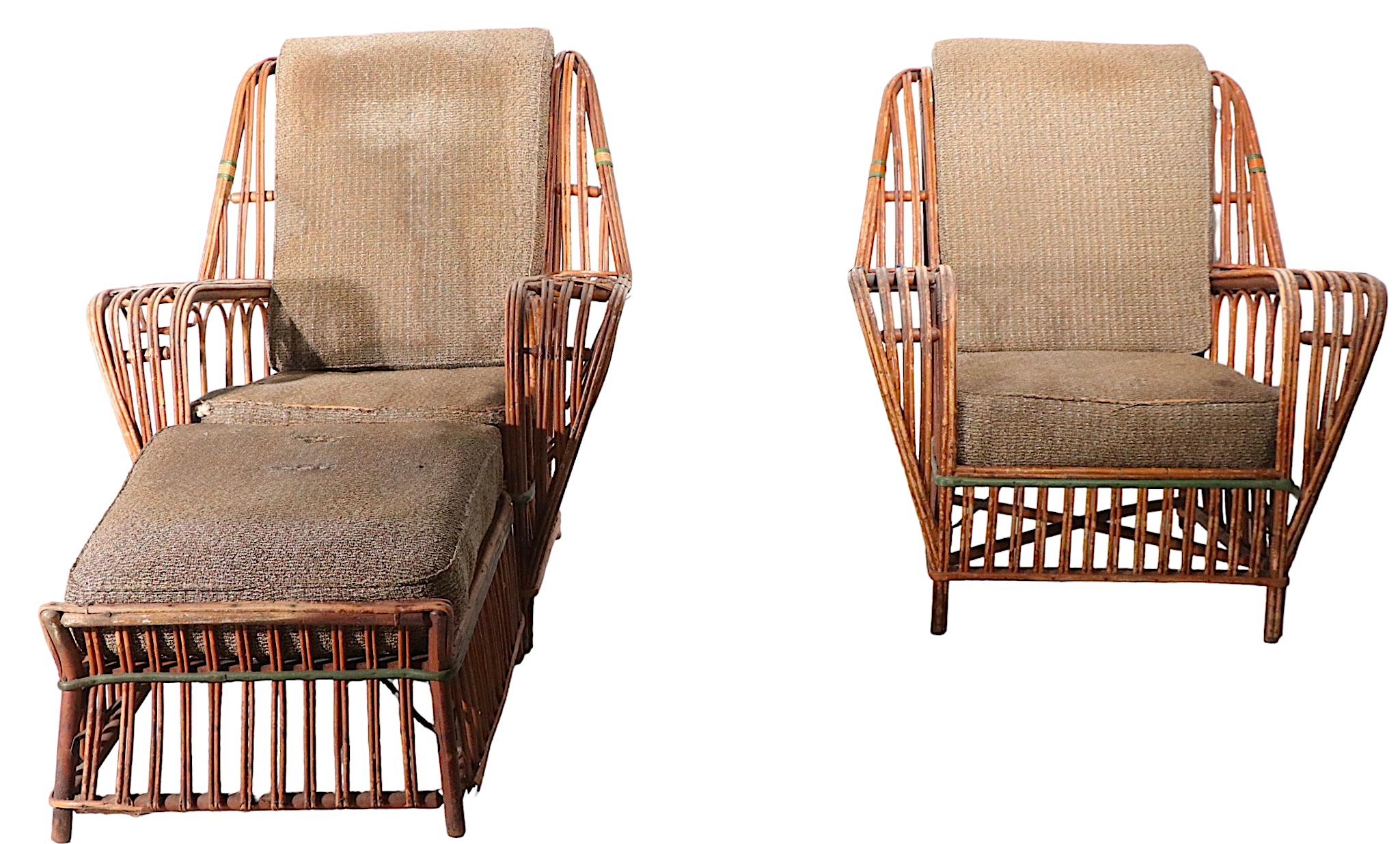 20th Century 3 Pc Set Art Deco Split Reed Chairs and Ottoman, circa 1920-1930s