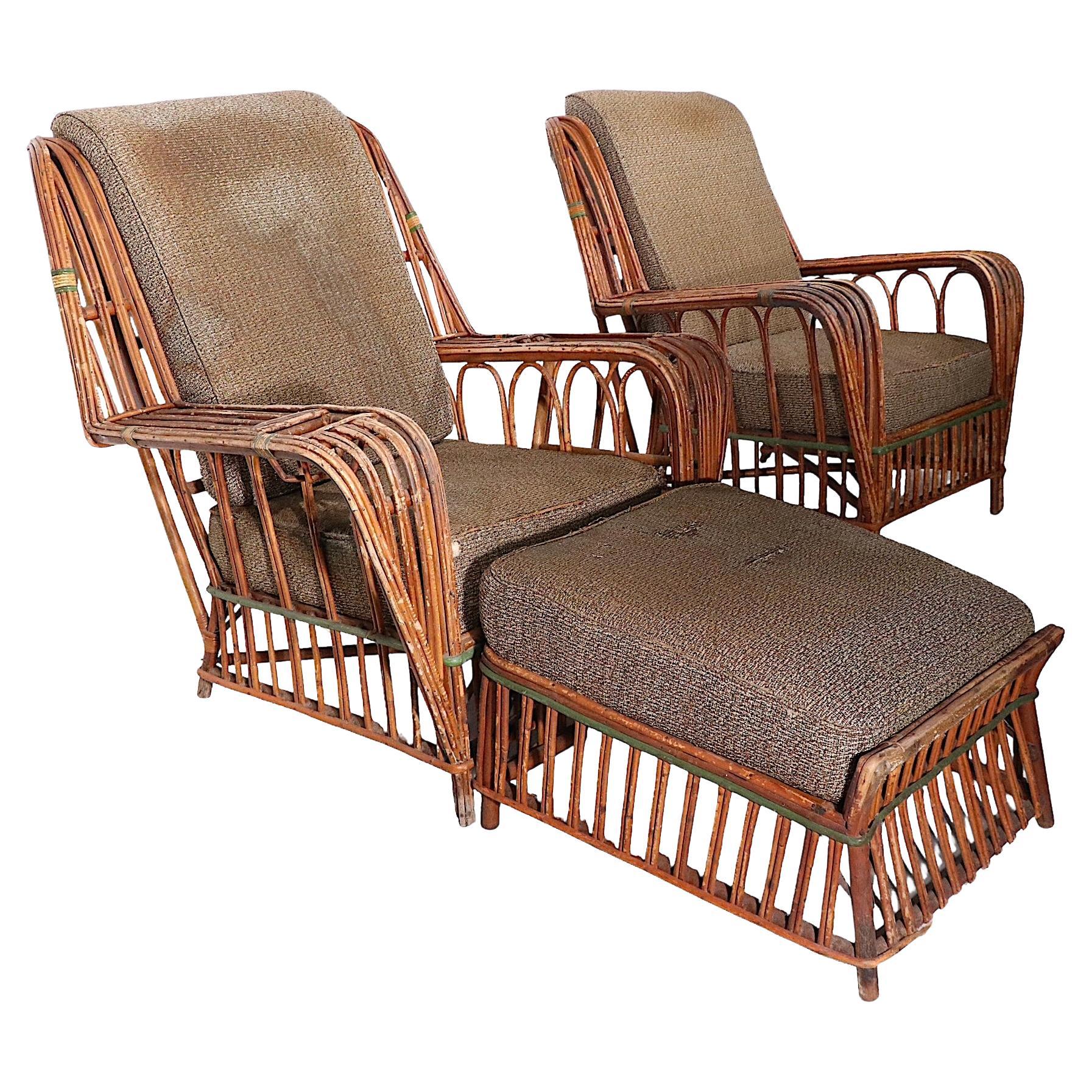 3 Pc Set Art Deco Split Reed Chairs and Ottoman, circa 1920-1930s