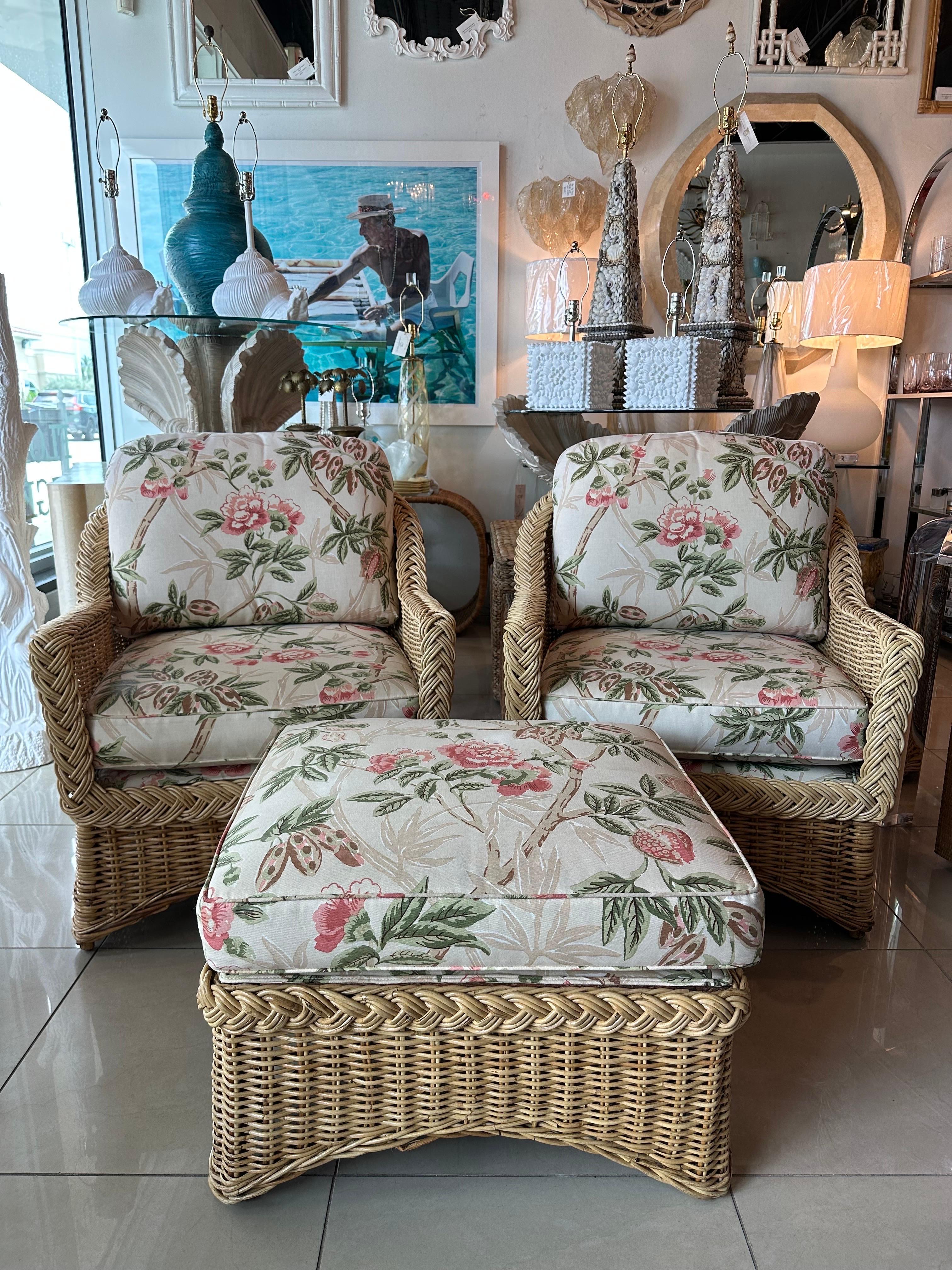 3 Pc. Set Rattan Braided Wicker Works Club Lounge Pair Arm Chairs & Ottoman  In Good Condition In West Palm Beach, FL