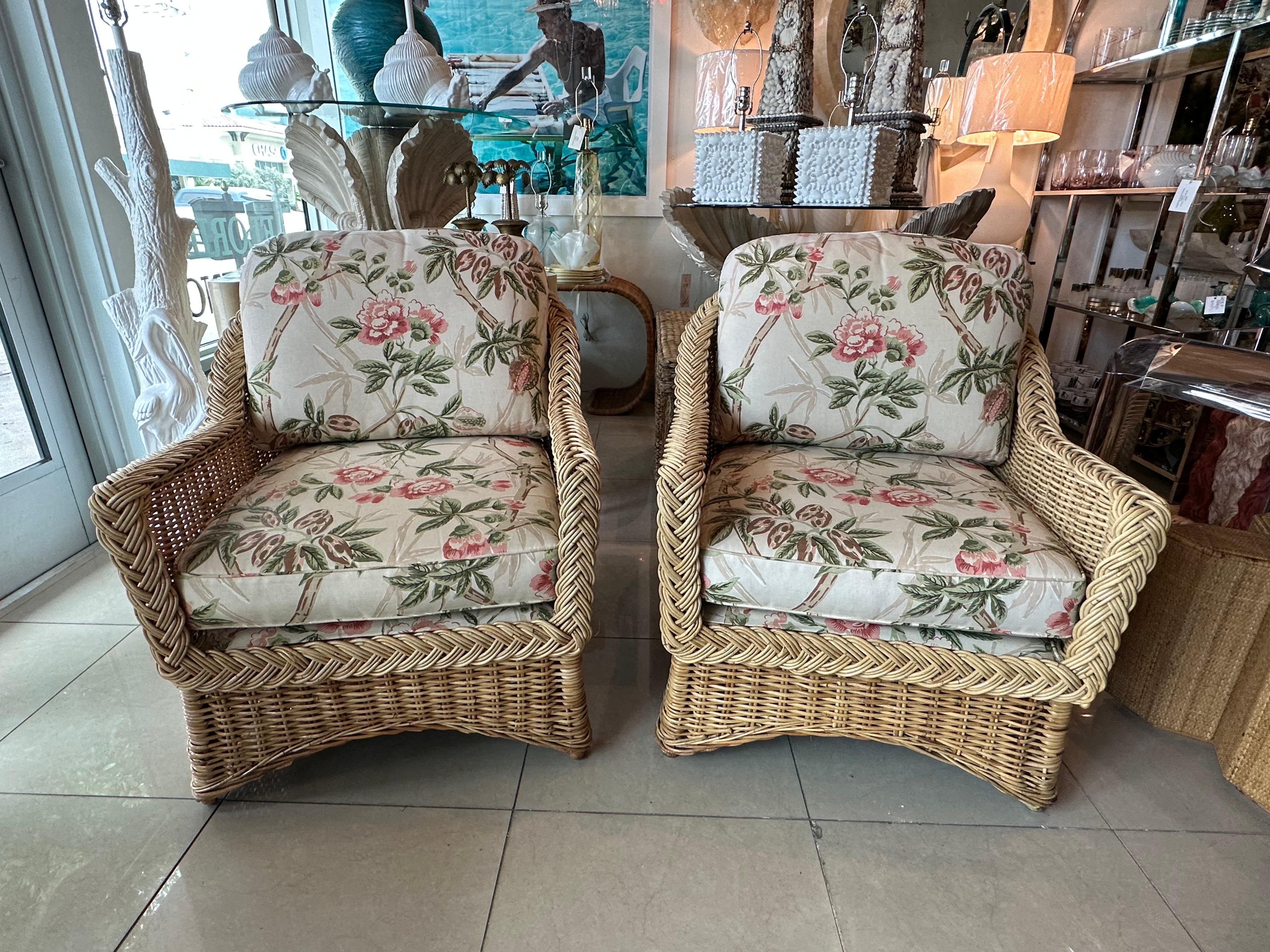 Late 20th Century 3 Pc. Set Rattan Braided Wicker Works Club Lounge Pair Arm Chairs & Ottoman 