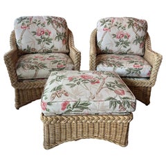3 Pc. Set Rattan intrecciato Wicker Works Club Lounge Coppia di Poltrone e Ottomano