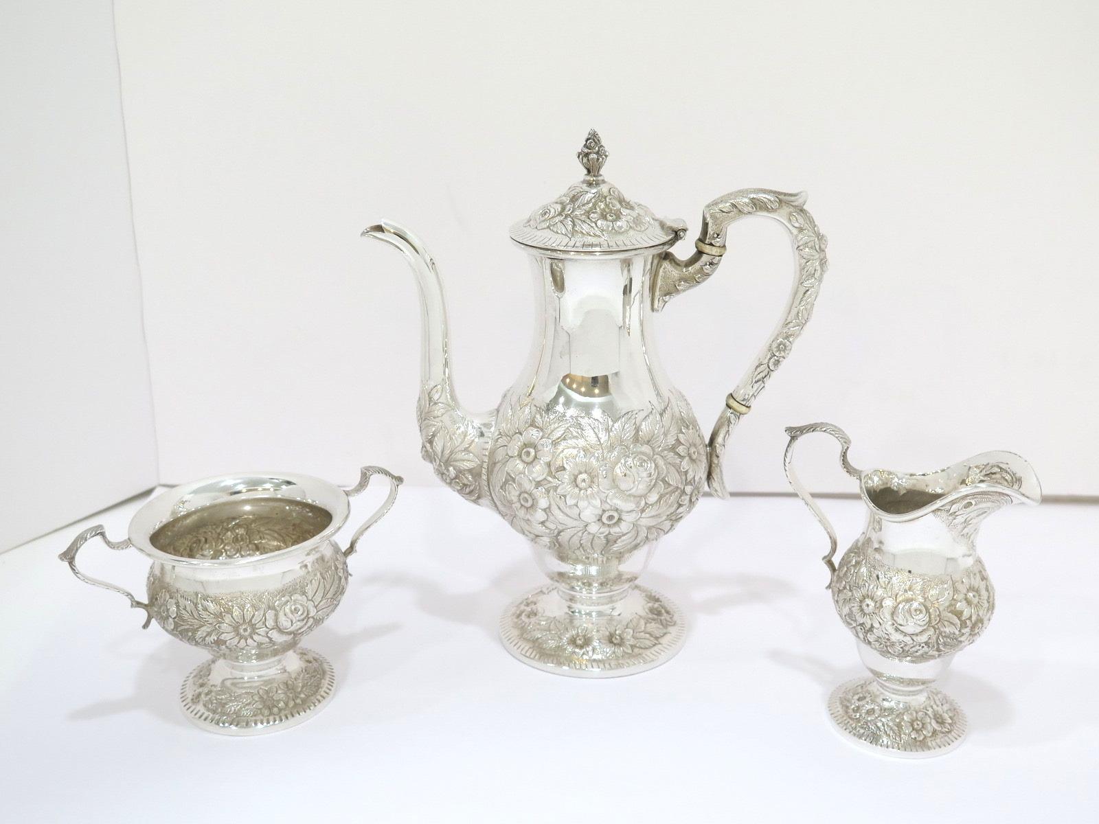 American 3 Pc Sterling Silver S. Kirk & Son Vintage Floral Repousse Tea / Coffee Service