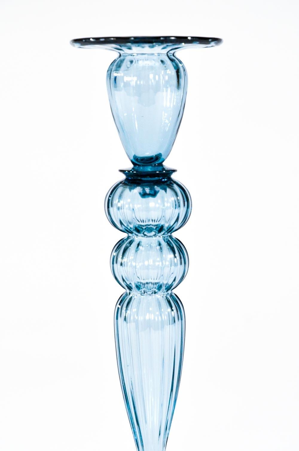 American 3-Piece Steuben Hand Blown Steel Blue Centerpiece & Optic Rib Candlesticks, Pair For Sale