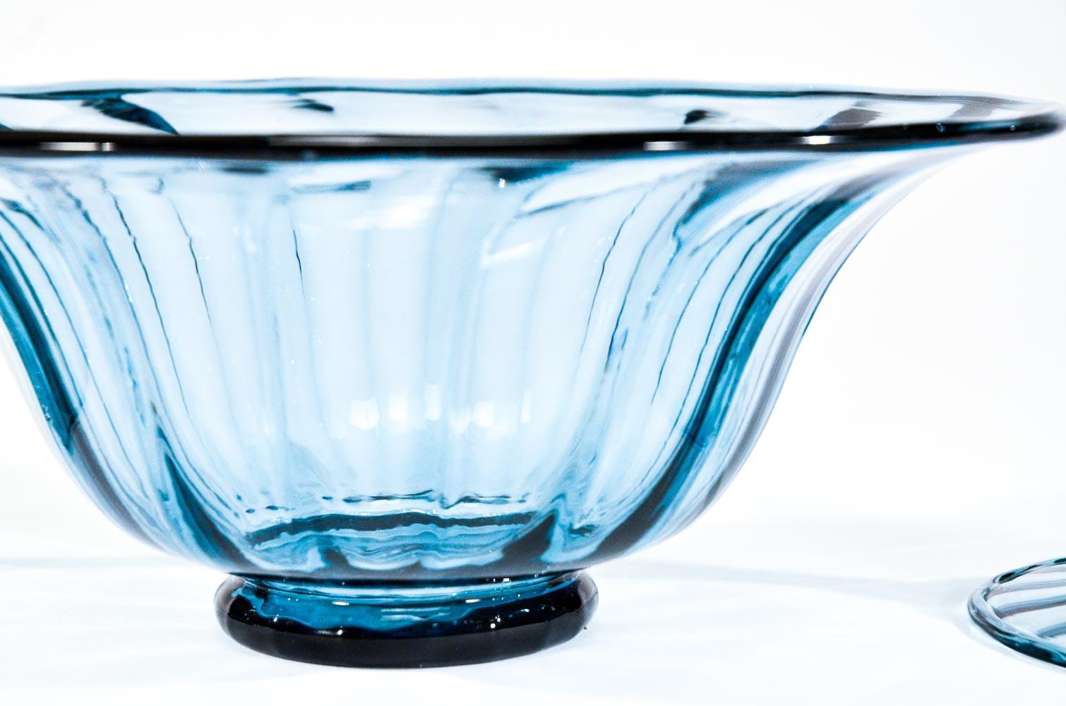 Art Glass 3-Piece Steuben Hand Blown Steel Blue Centerpiece & Optic Rib Candlesticks, Pair For Sale
