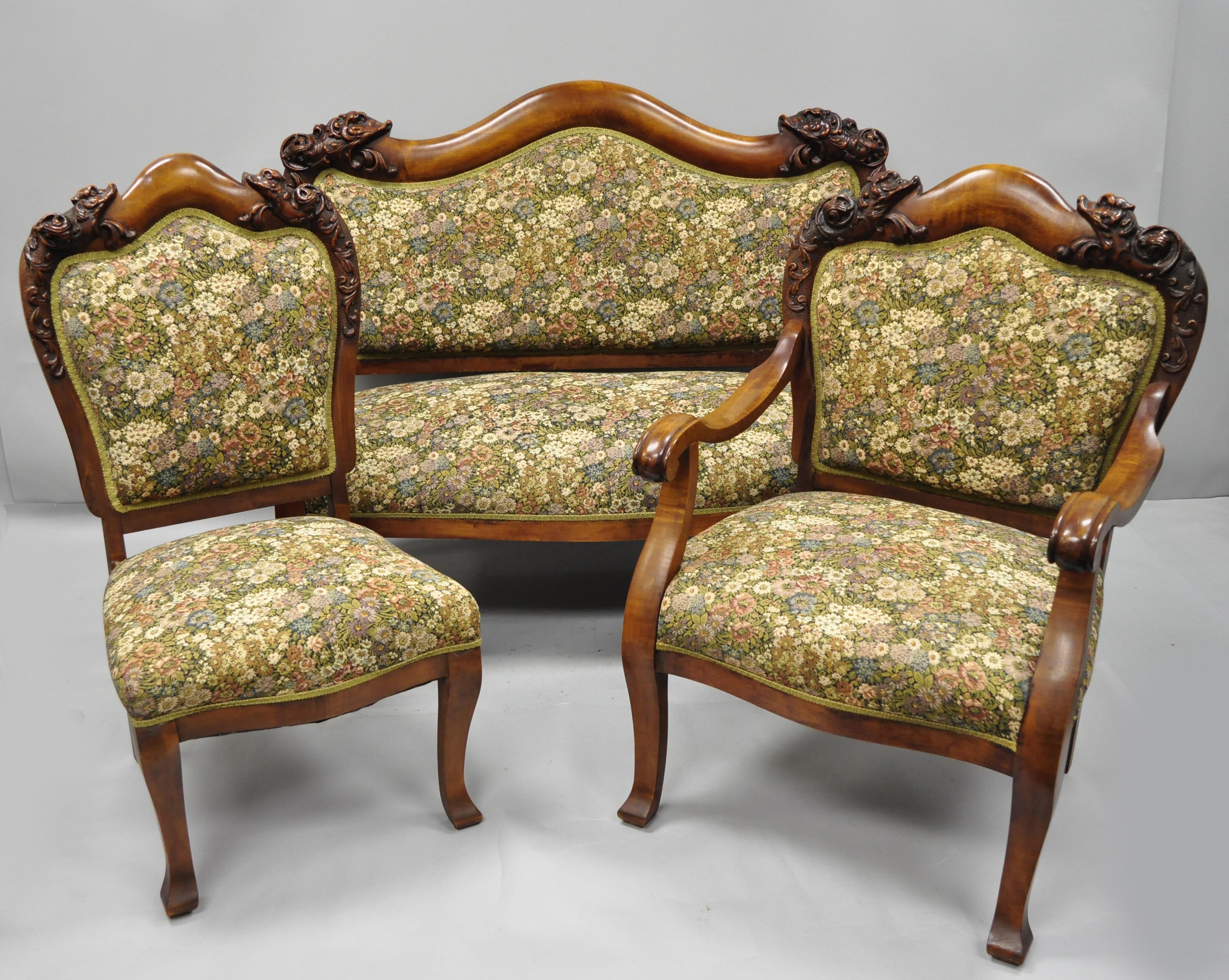 3 Pc Victorian Empire Mahogany Dolphin Carved Parlor Set Settee Armchair & Chair 3