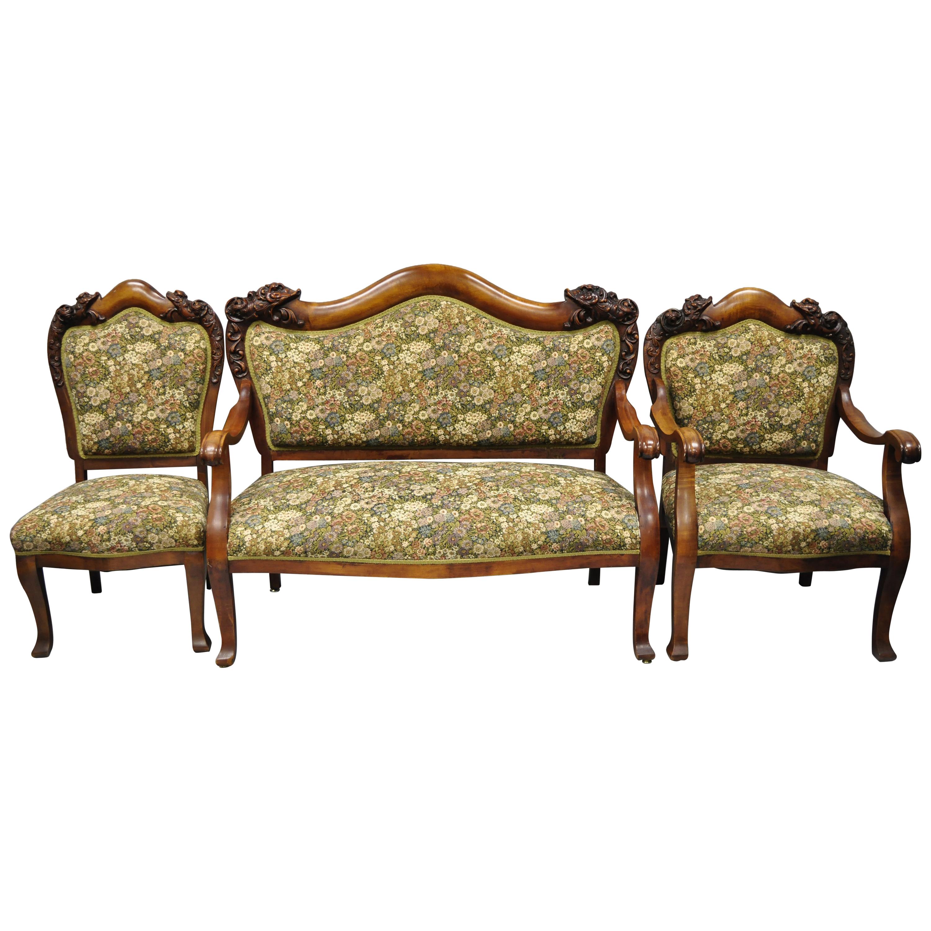3 Pc Victorian Empire Mahogany Dolphin Carved Parlor Set Settee Armchair & Chair