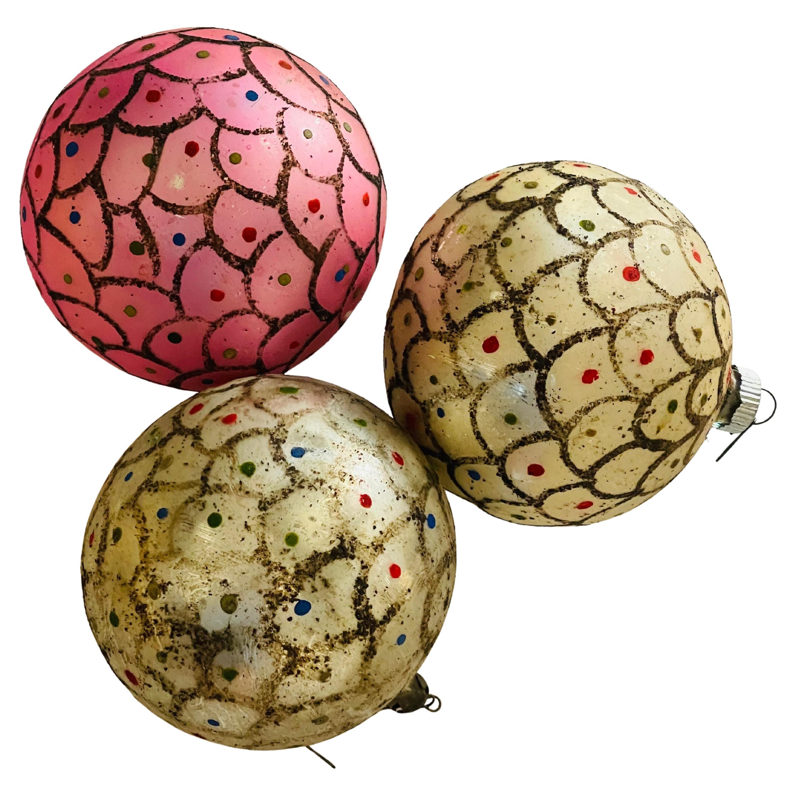 3 pcs Large Antque Blown Glass Christmas Ornaments Balls For Sale