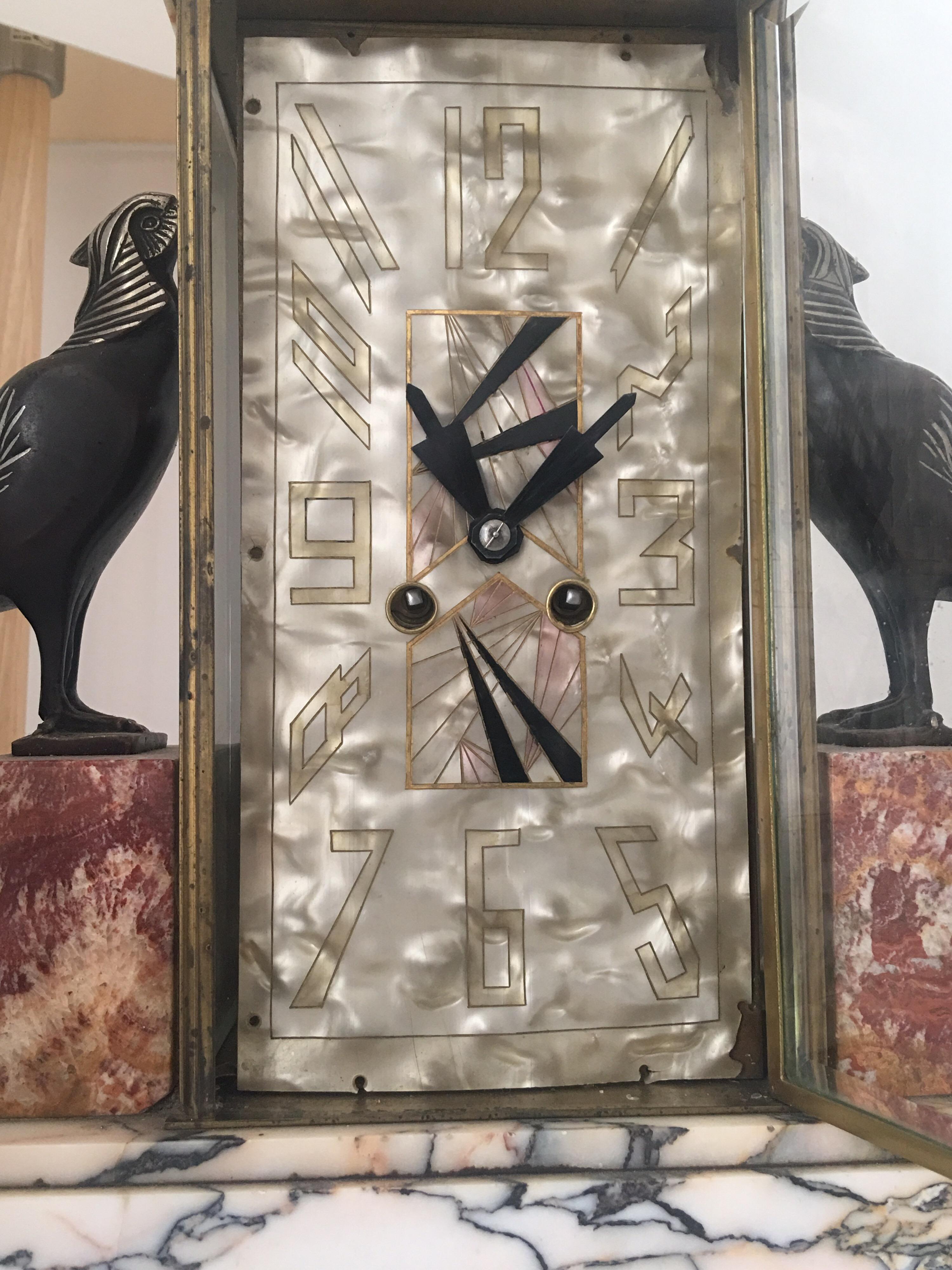 3 Pieces Set Art Deco Italian Marble Four Glass Paris Clock For Sale 9
