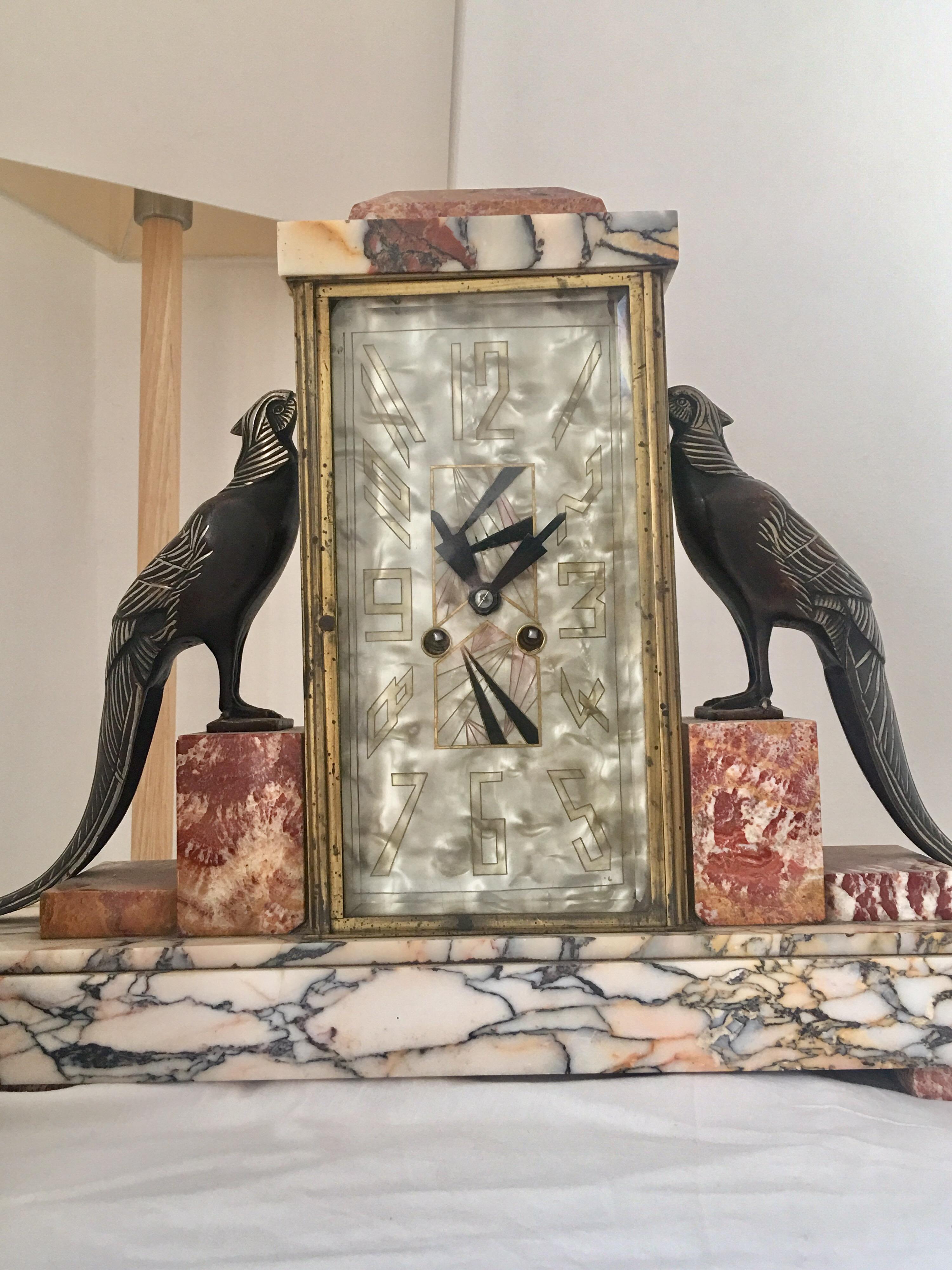 Mid-20th Century 3 Pieces Set Art Deco Italian Marble Four Glass Paris Clock For Sale