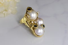 3 Pearl Diamond Sapphire Feature Gold Ring