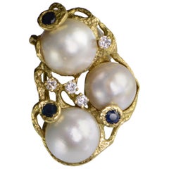 3 Pearl Diamond Sapphire Feature Gold Ring