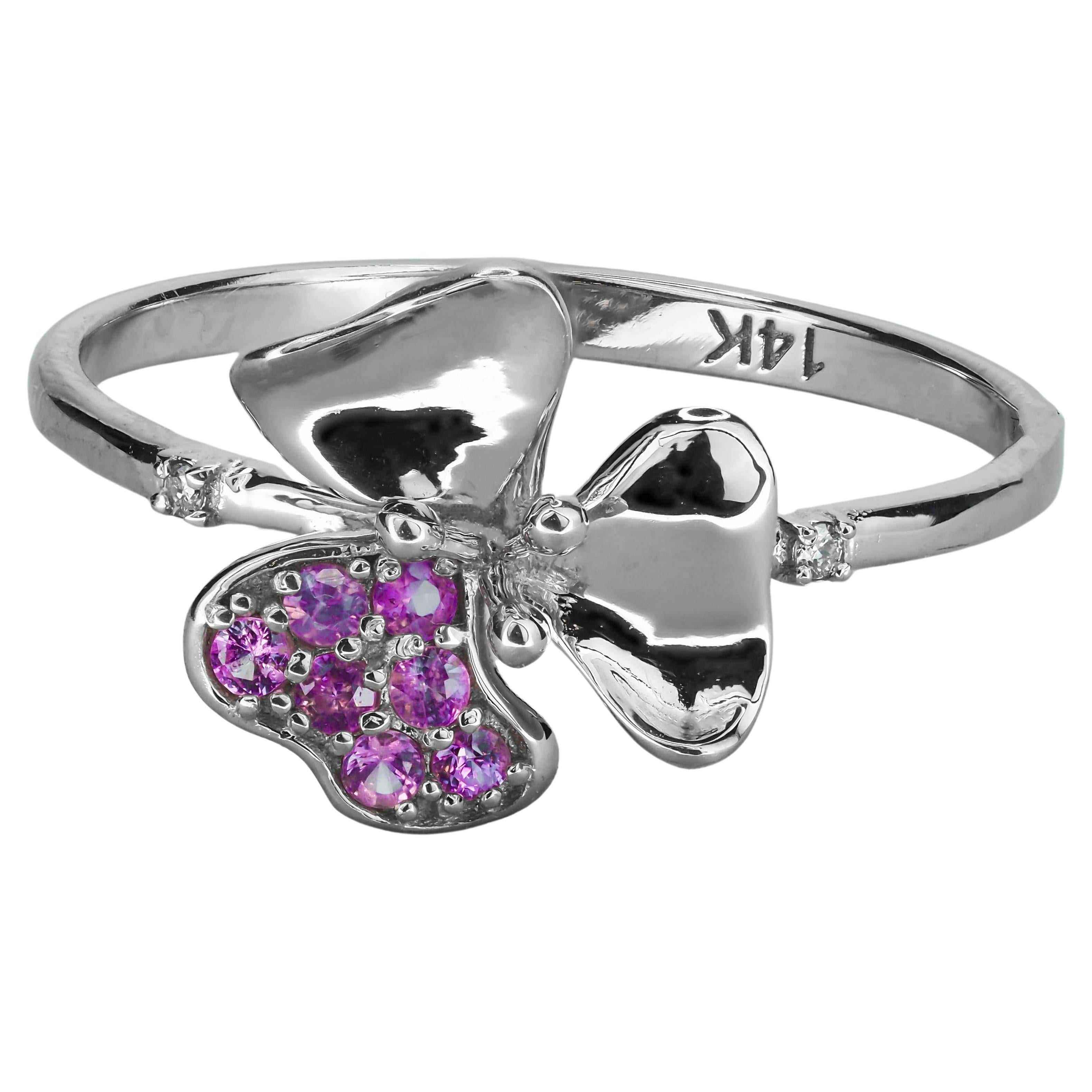 3 petal Flower 14k ring with gemstones For Sale