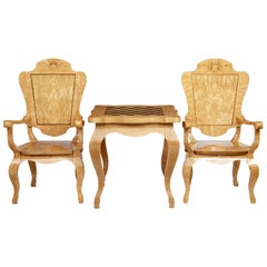 3 Piece 20th Century Burr Birch Games Table and Armchairs