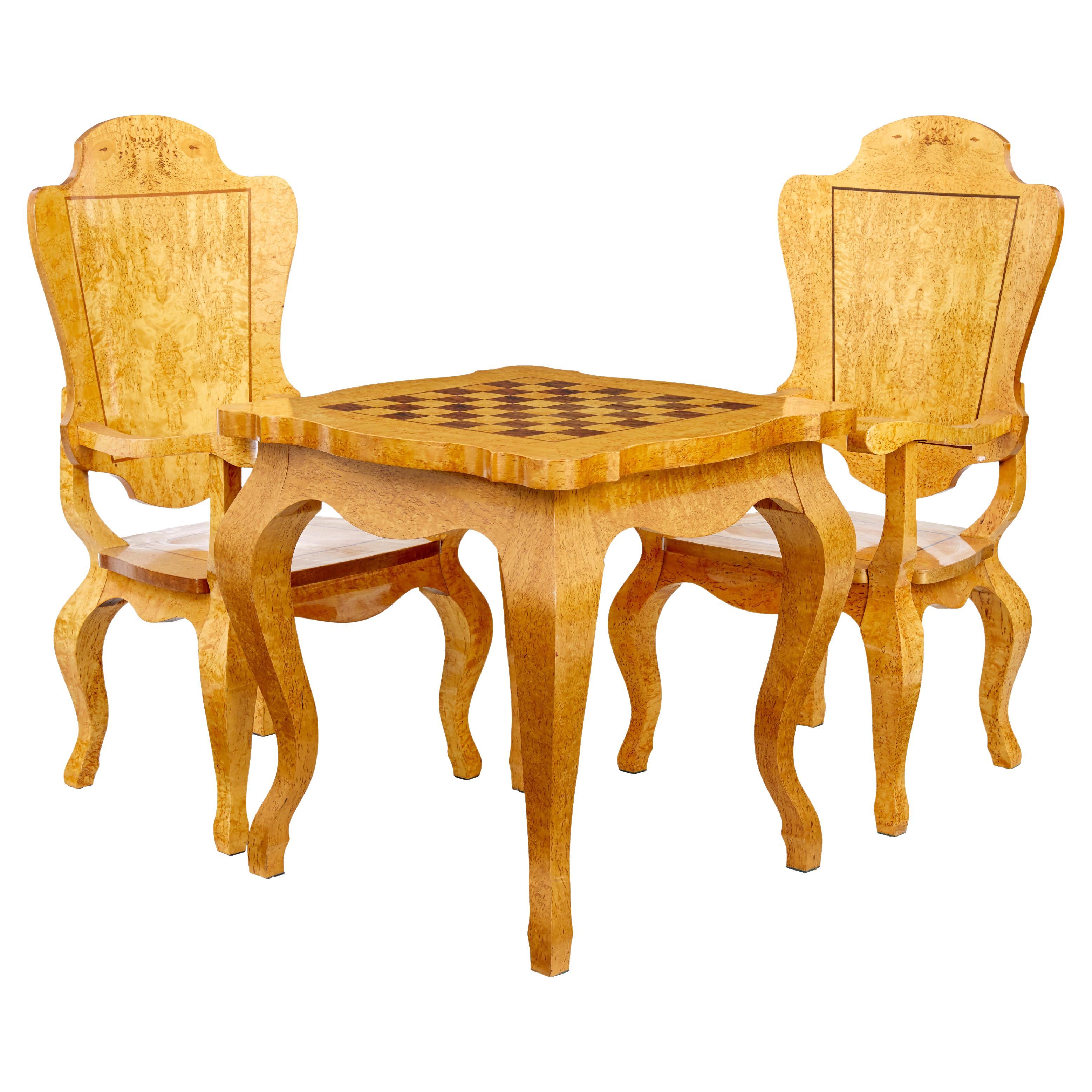 3 piece 20th century burr birch games table and armchairs For Sale