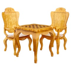 Vintage 3 piece 20th century burr birch games table and armchairs