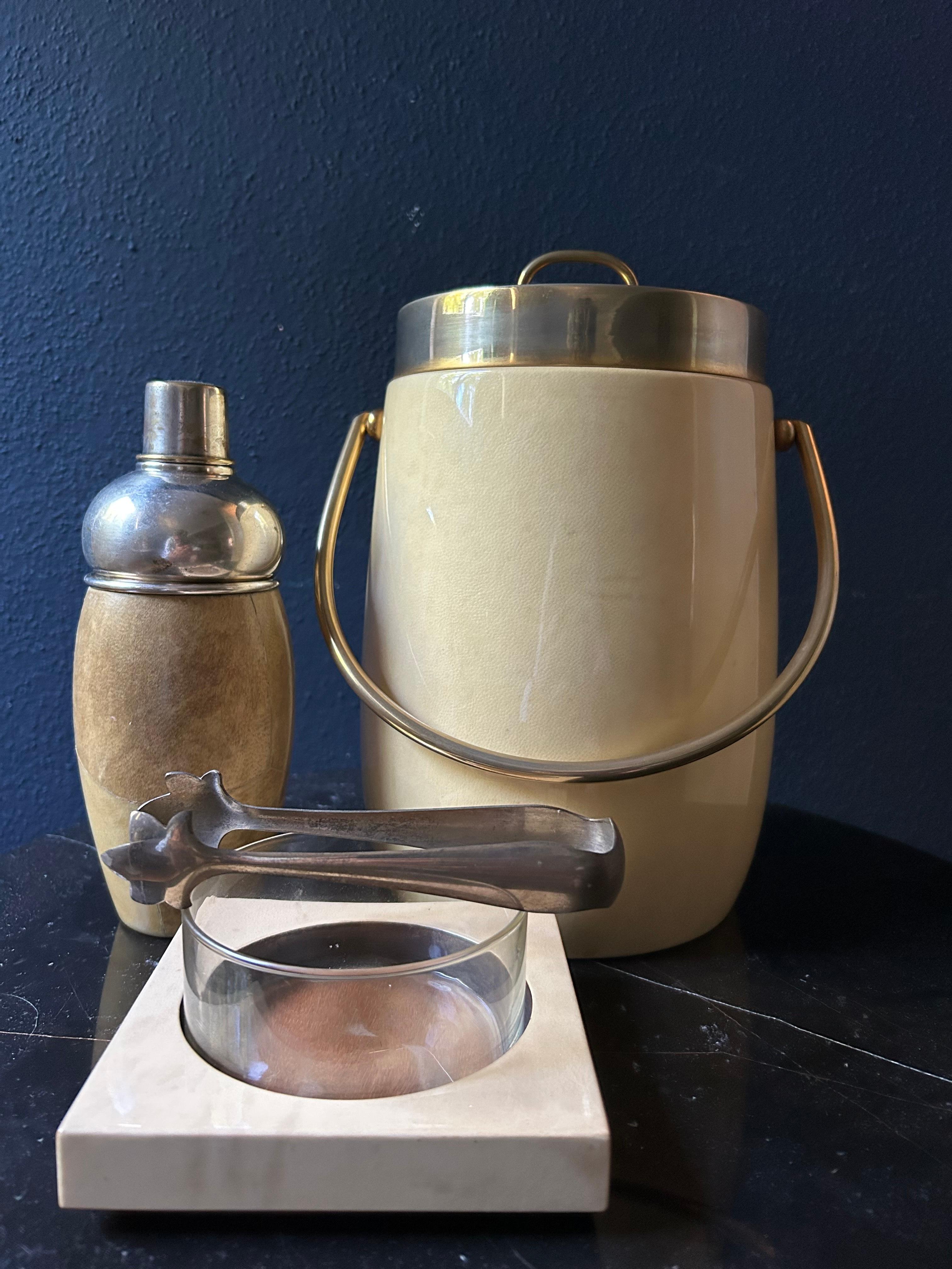 Hollywood Regency 3 Piece Aldo Tura Set with Ice Bucket, Shaker, Sugar Tong and Serving Bowl For Sale