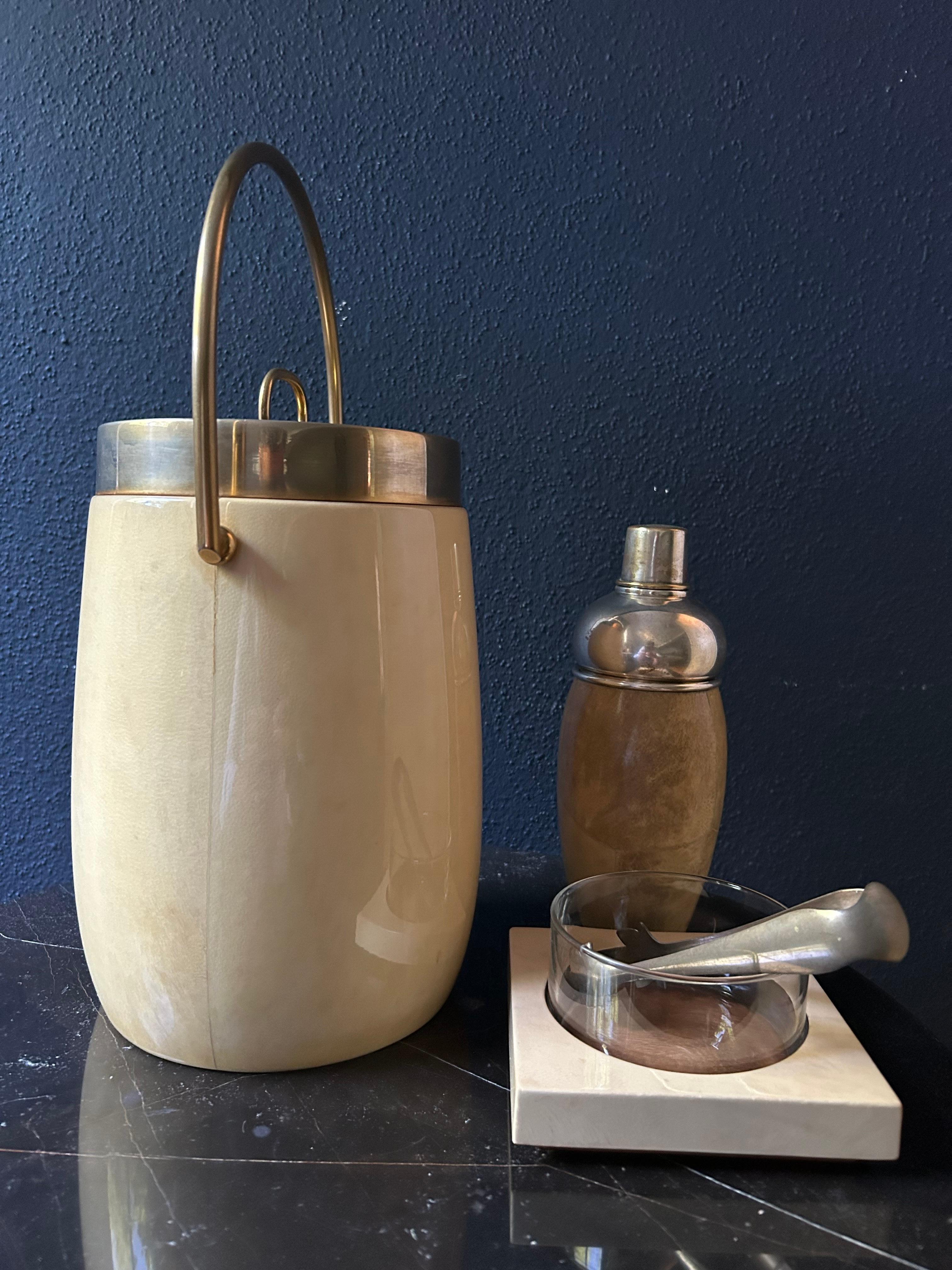 Italian 3 Piece Aldo Tura Set with Ice Bucket, Shaker, Sugar Tong and Serving Bowl For Sale
