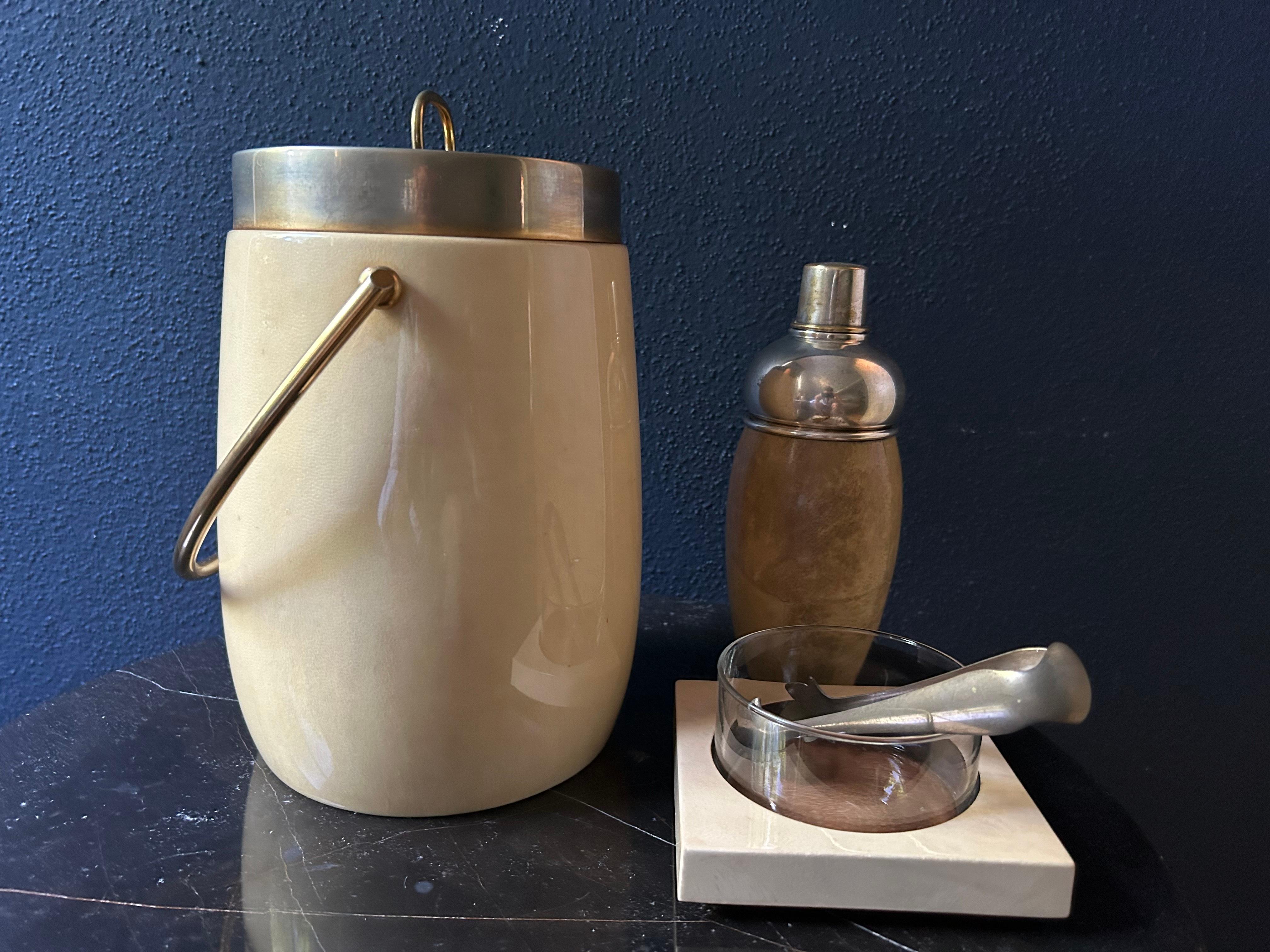 Lacquered 3 Piece Aldo Tura Set with Ice Bucket, Shaker, Sugar Tong and Serving Bowl For Sale