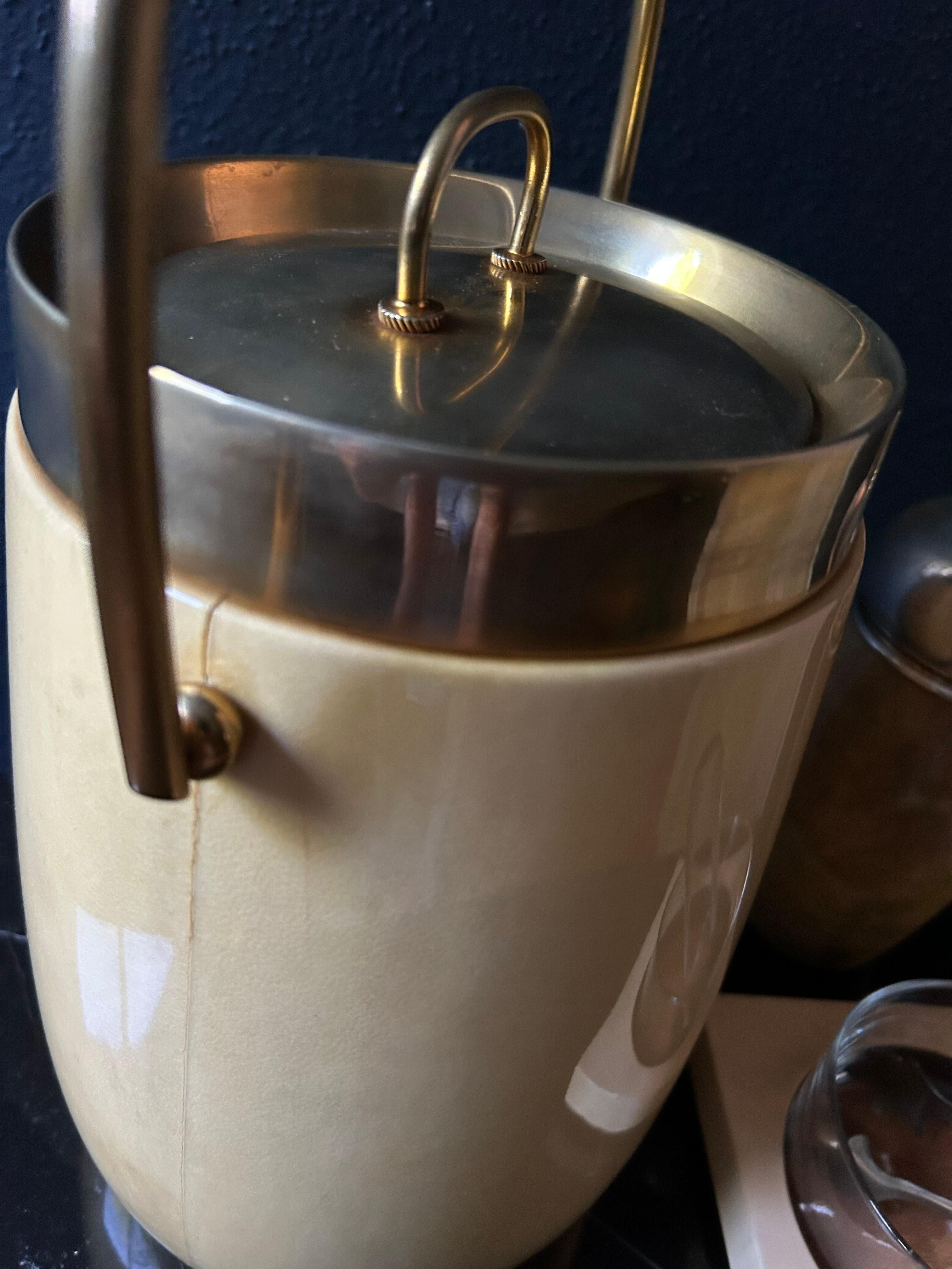3 Piece Aldo Tura Set with Ice Bucket, Shaker, Sugar Tong and Serving Bowl In Good Condition For Sale In Cork, IE