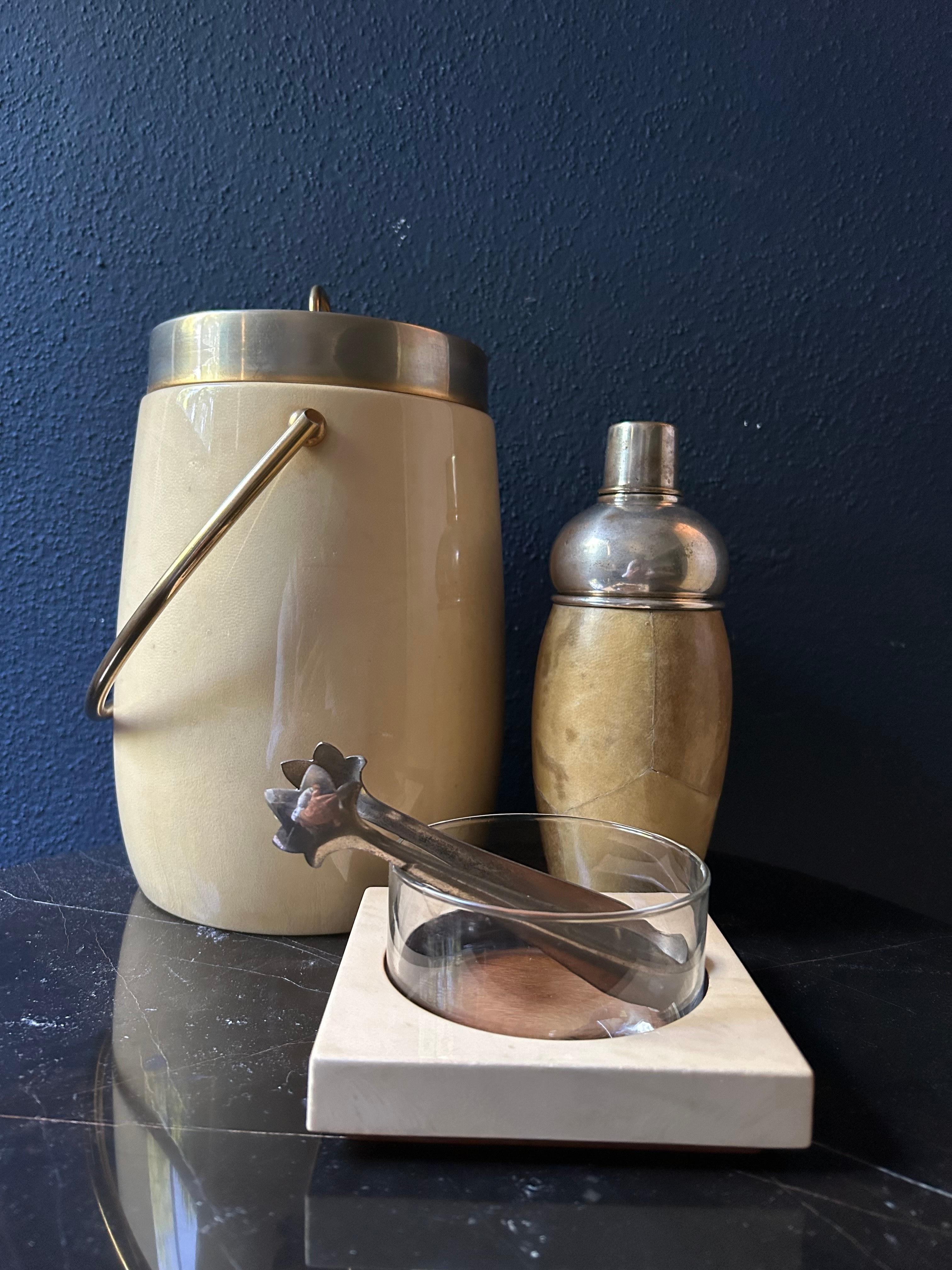 Late 20th Century 3 Piece Aldo Tura Set with Ice Bucket, Shaker, Sugar Tong and Serving Bowl For Sale