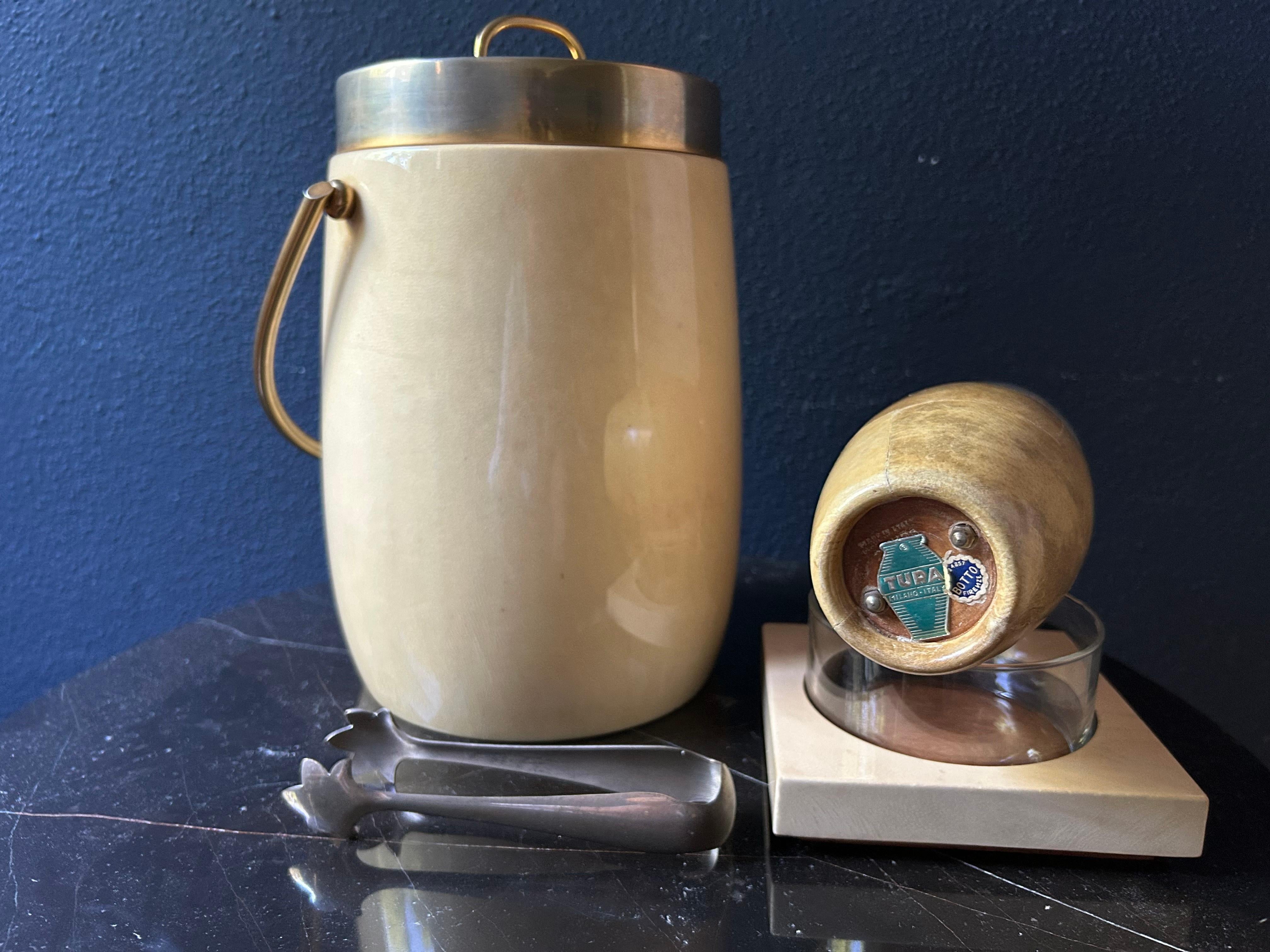 Brass 3 Piece Aldo Tura Set with Ice Bucket, Shaker, Sugar Tong and Serving Bowl For Sale