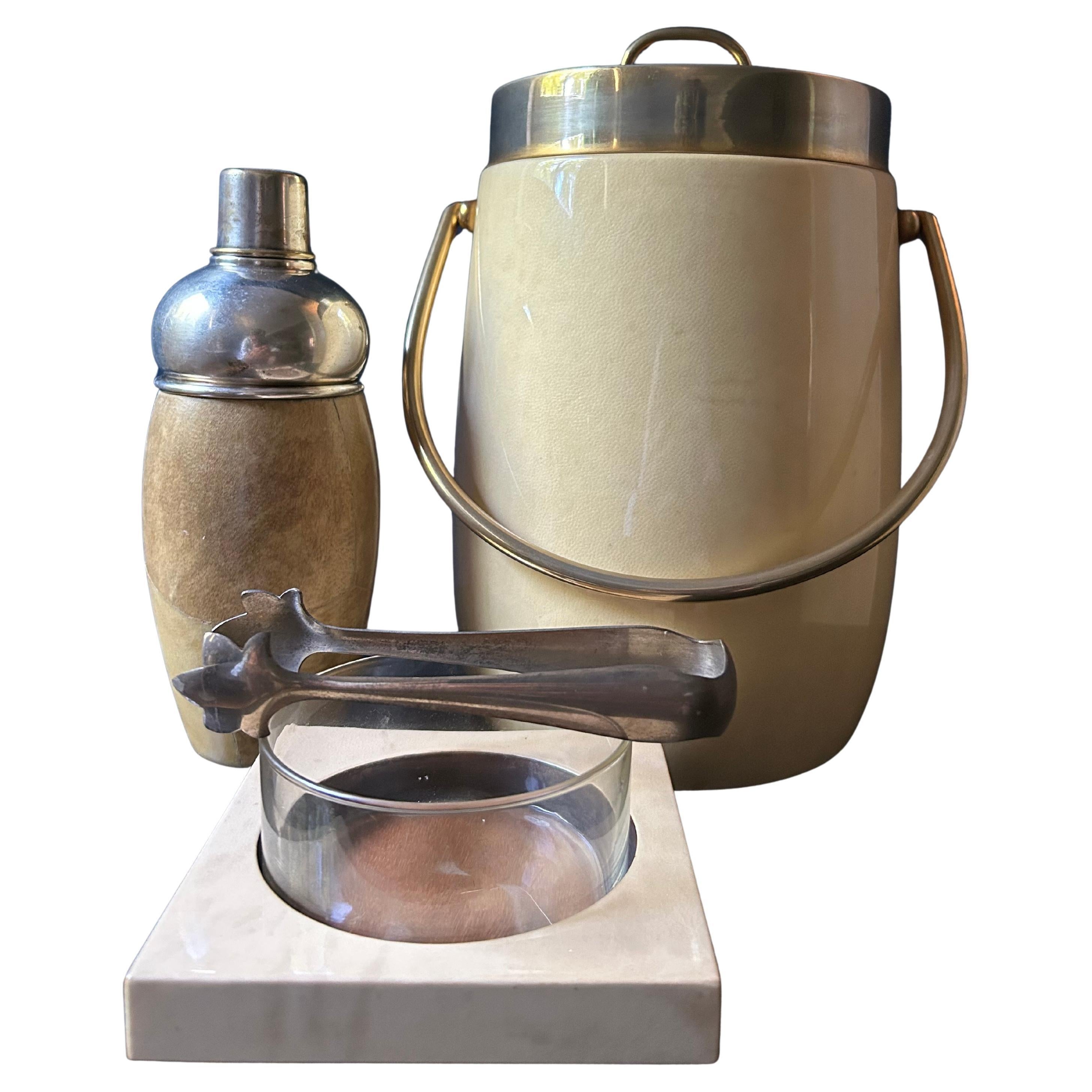3 Piece Aldo Tura Set with Ice Bucket, Shaker, Sugar Tong and Serving Bowl For Sale