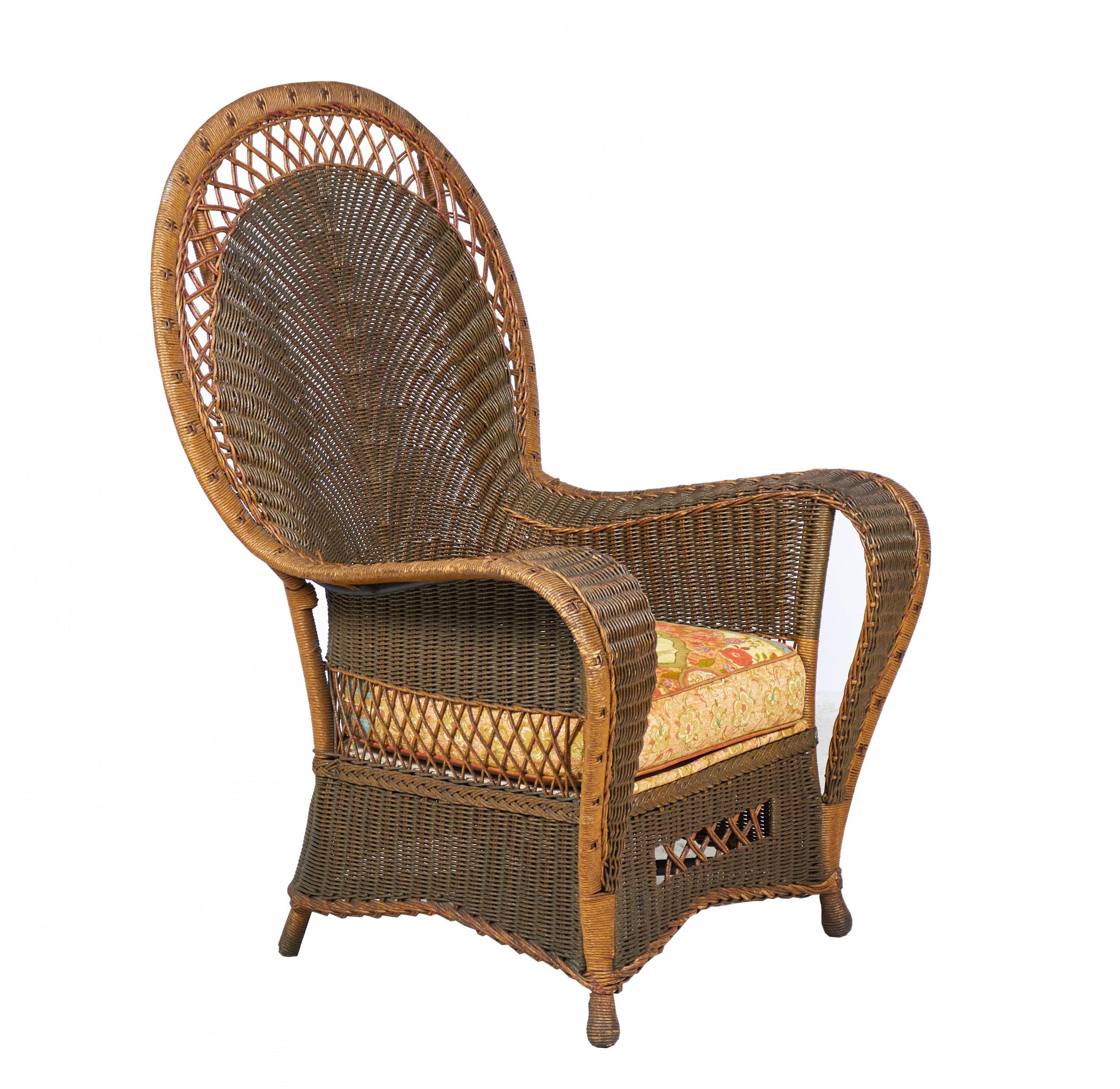 American Art Deco 3-piece wicker salon set comprised of a settee, a large pointed fan-back armchair, and a smaller fan back armchair all with a filigree border and curved & tapered arms, resting on wicker wrapped ball feet with fabric seat cushions