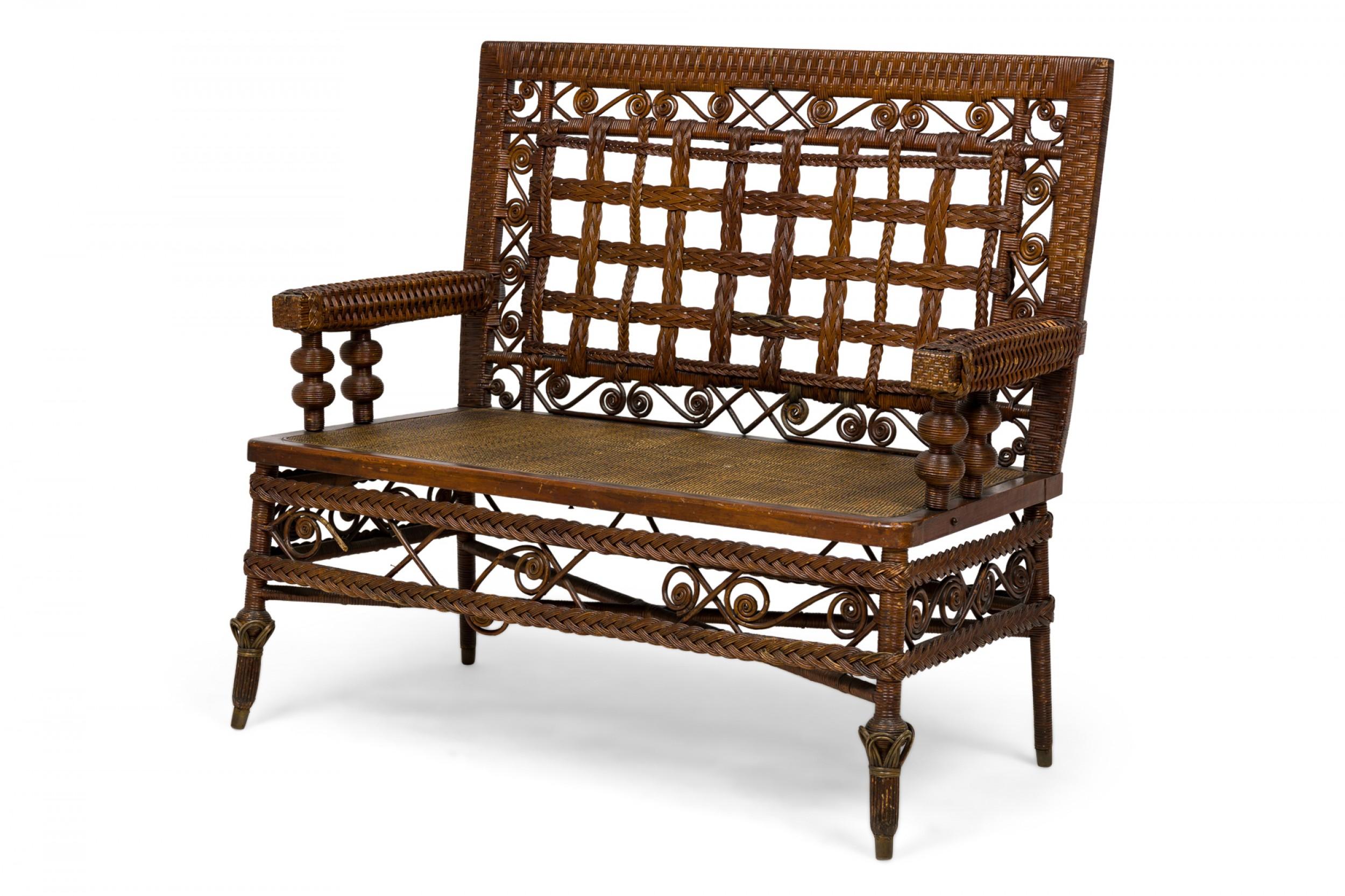 3 Piece American Victorian Braided Wicker Scroll and Lattice Design Seating Set  In Good Condition For Sale In New York, NY