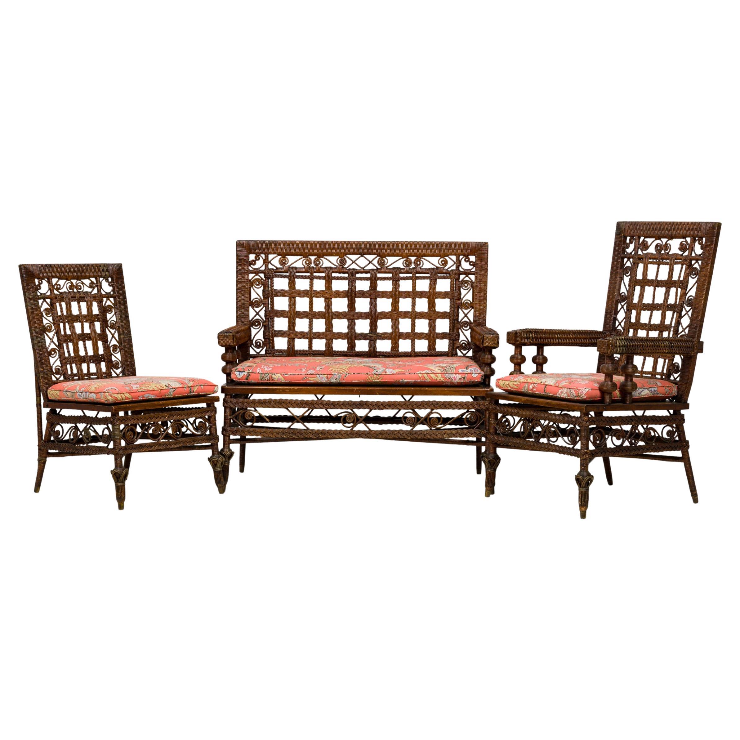 3 Piece American Victorian Braided Wicker Scroll and Lattice Design Seating Set 