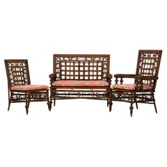 3 Piece American Victorian Braided Wicker Scroll and Lattice Design Seating Set 