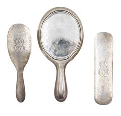 3-Piece American Victorian Hammered Silver Brush and Mirror Set