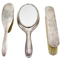 3-Piece American Victorian Hammered Silver Brush and Mirror Set