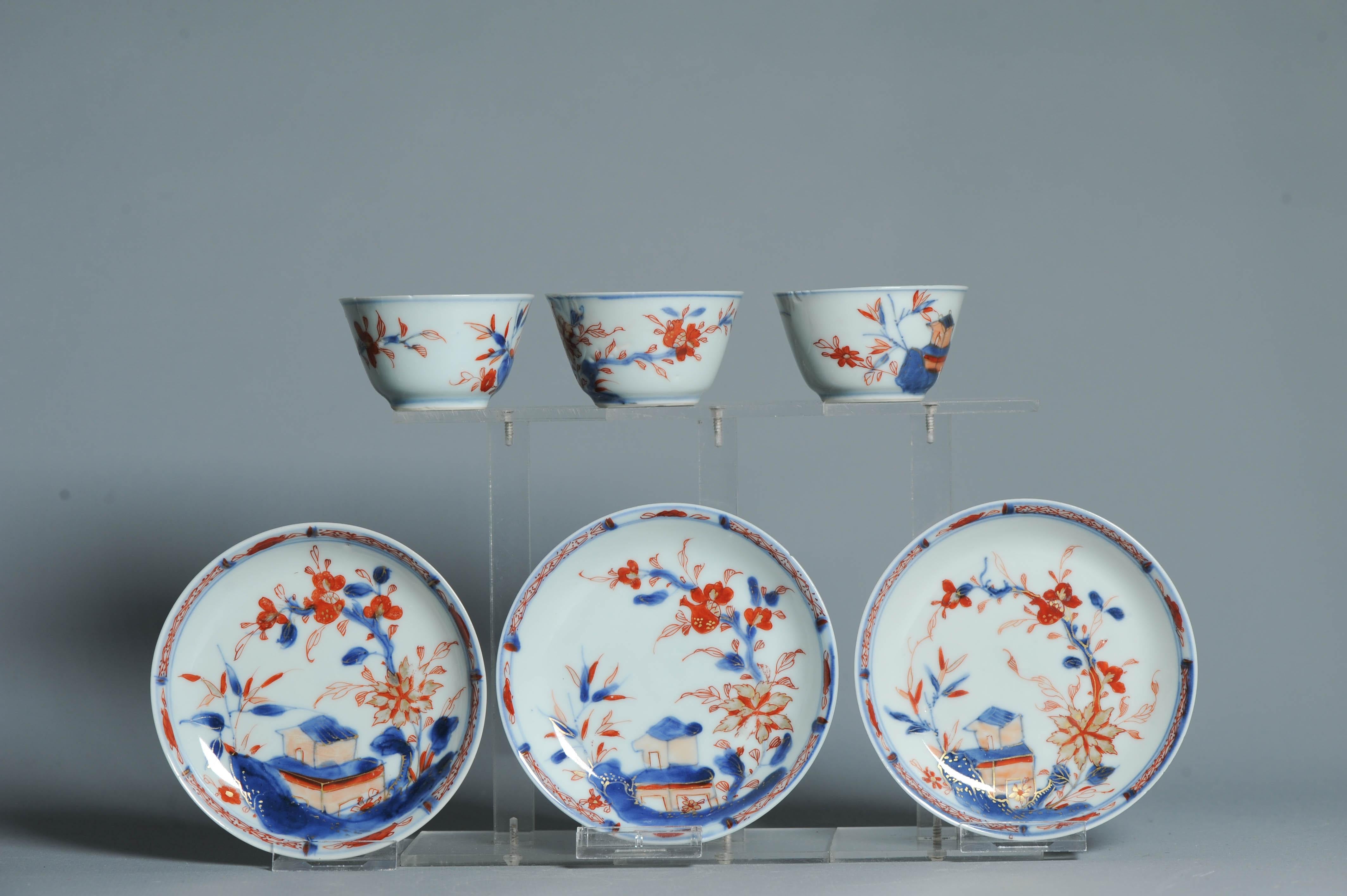 #3 piece Antique Tea set Chinese porcelain Imari Enamel Flowers Kangxi (1662 For Sale 7