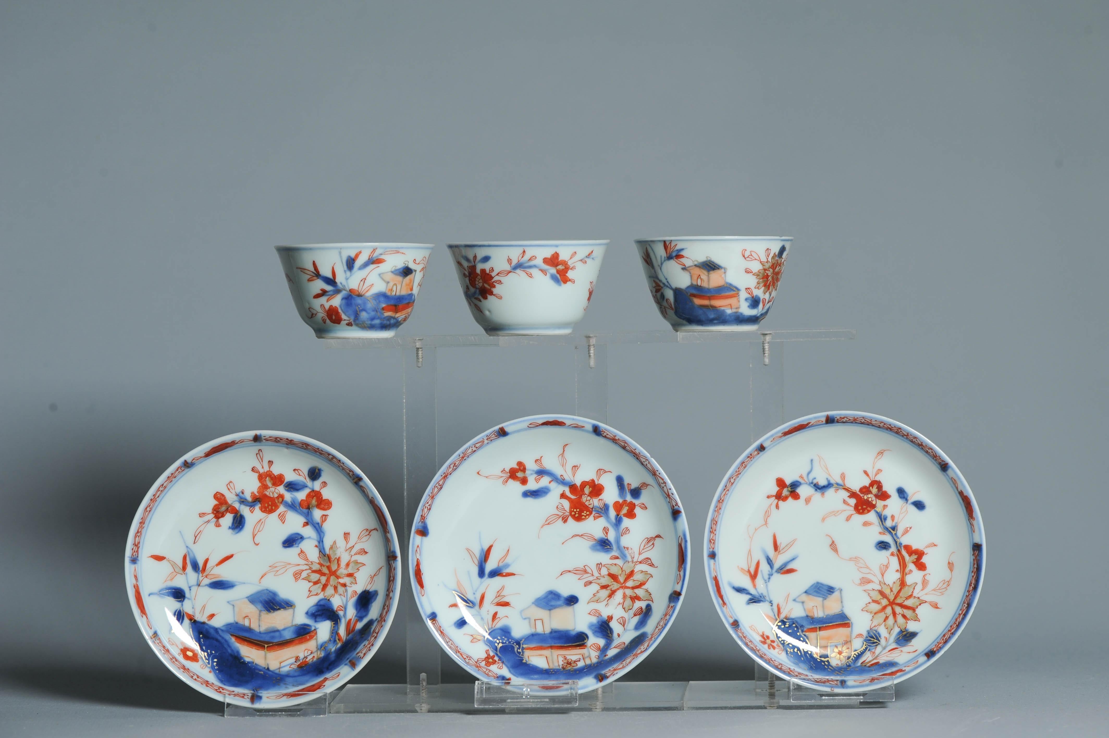 #3 piece Antique Tea set Chinese porcelain Imari Enamel Flowers Kangxi (1662 For Sale 8