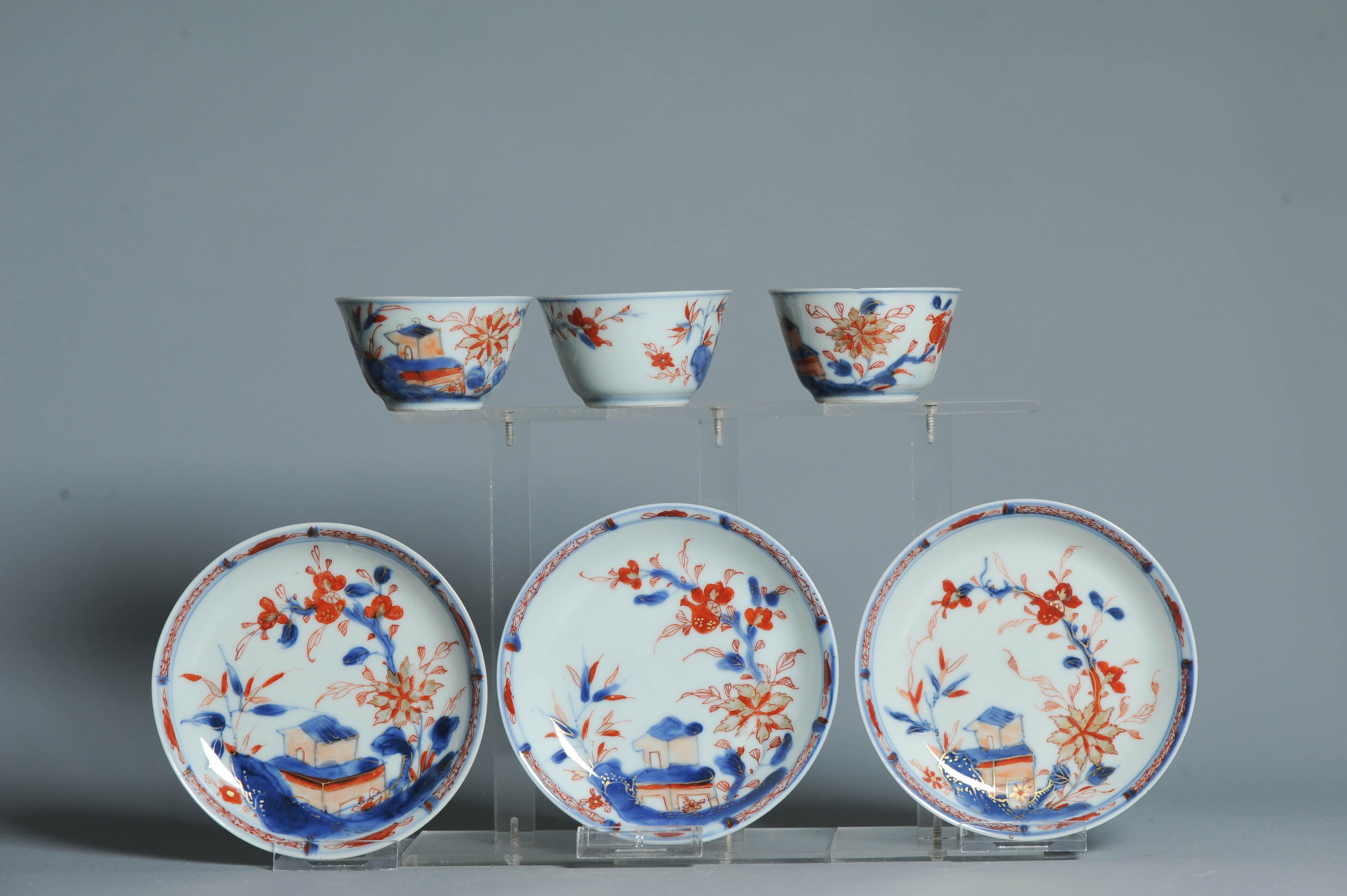 #3 piece Antique Tea set Chinese porcelain Imari Enamel Flowers Kangxi (1662 For Sale 9