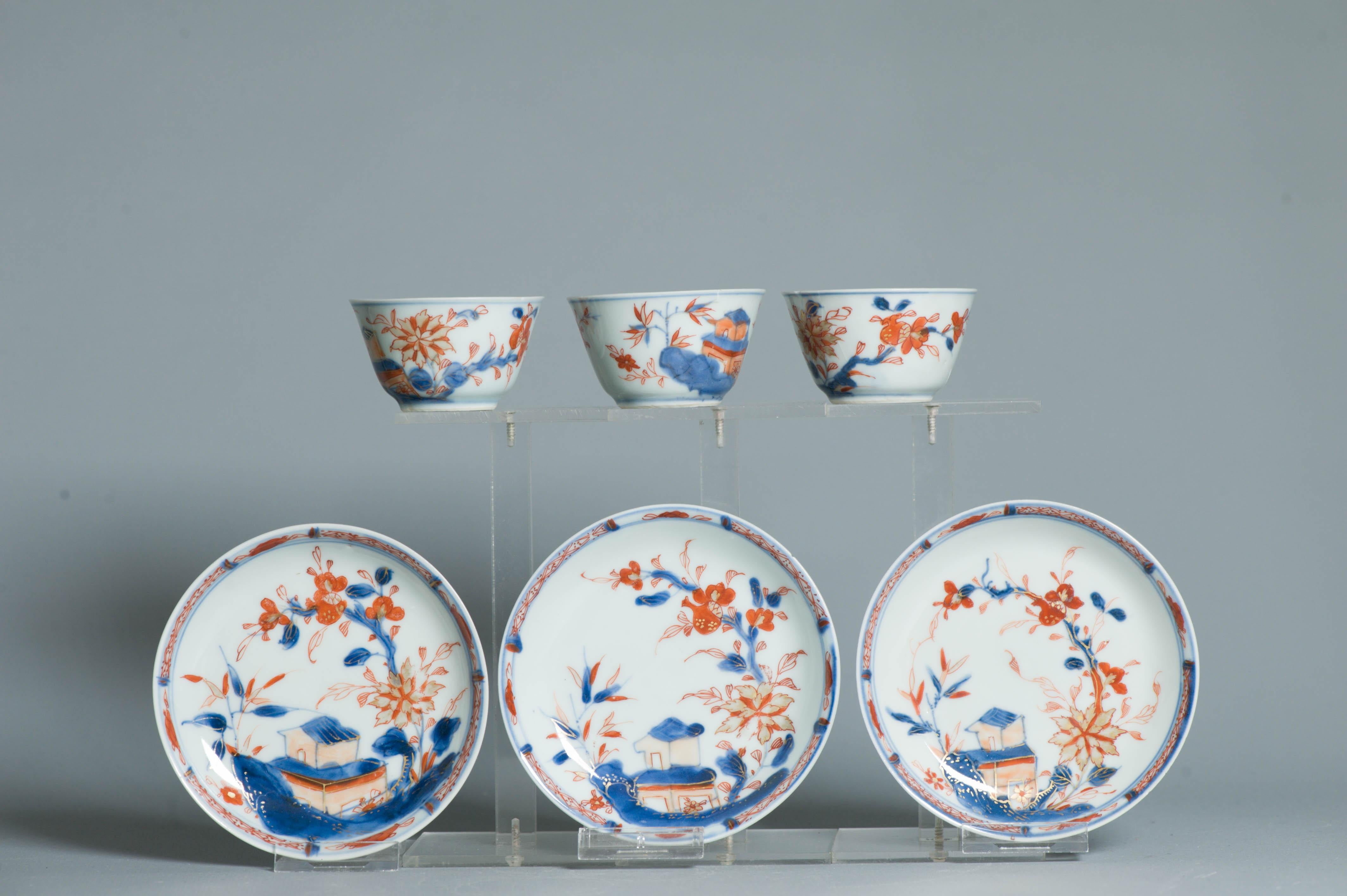 #3 piece Antique Tea set Chinese porcelain Imari Enamel Flowers Kangxi (1662 For Sale 10