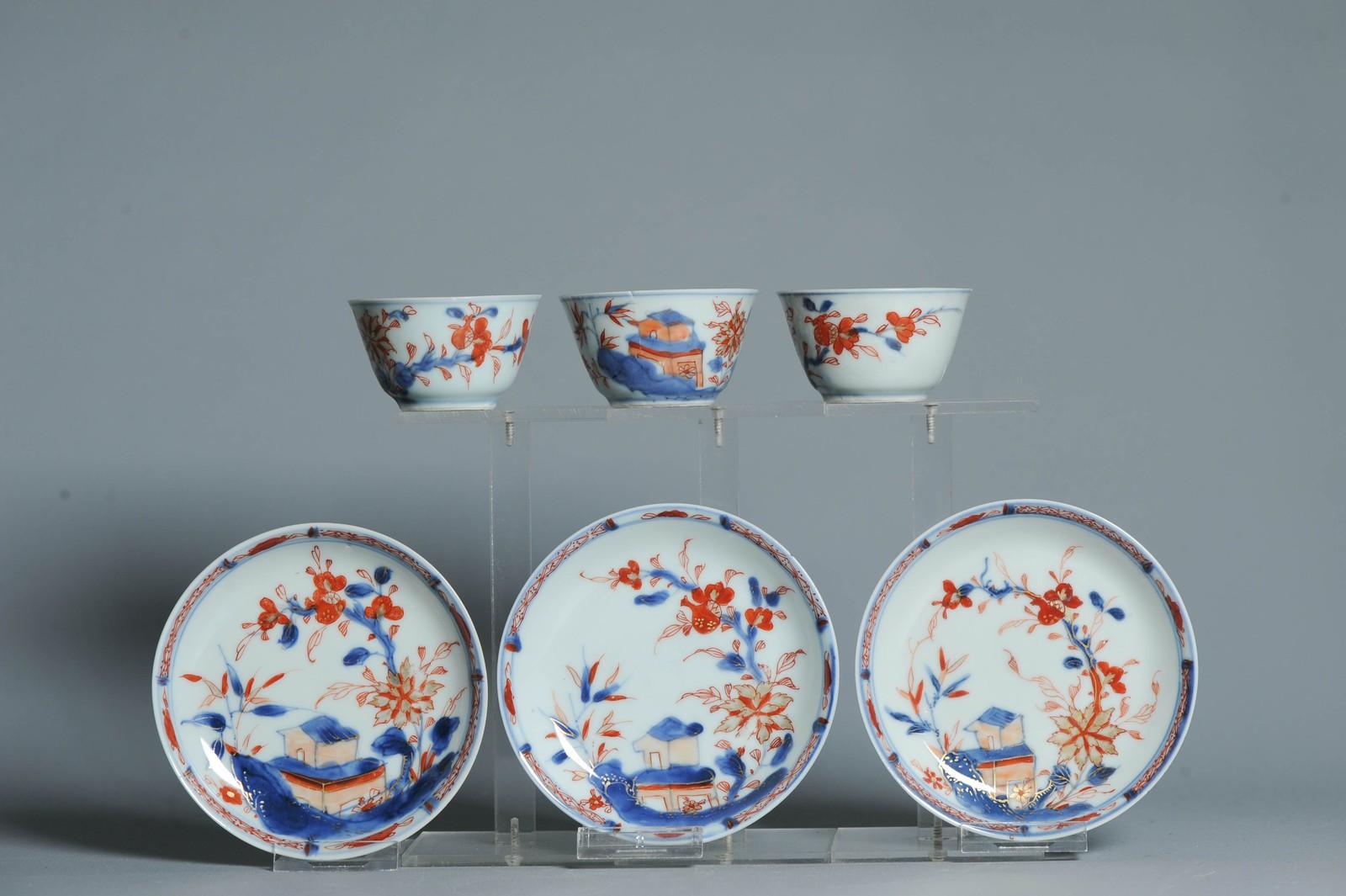 #3 piece Antique Tea set Chinese porcelain Imari Enamel Flowers Kangxi (1662 For Sale 12