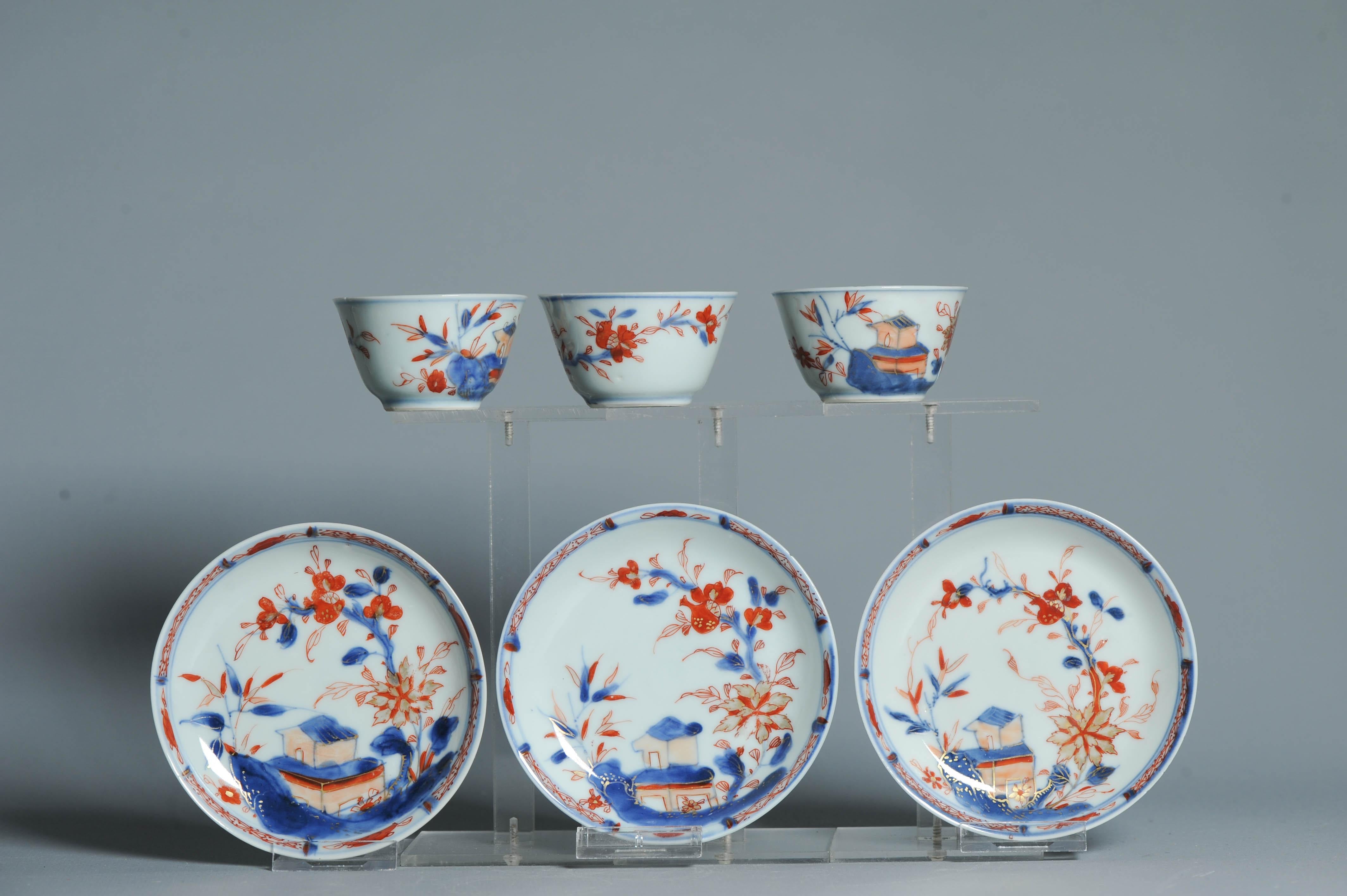 #3 piece Antique Tea set Chinese porcelain Imari Enamel Flowers Kangxi (1662 In Good Condition For Sale In Amsterdam, Noord Holland