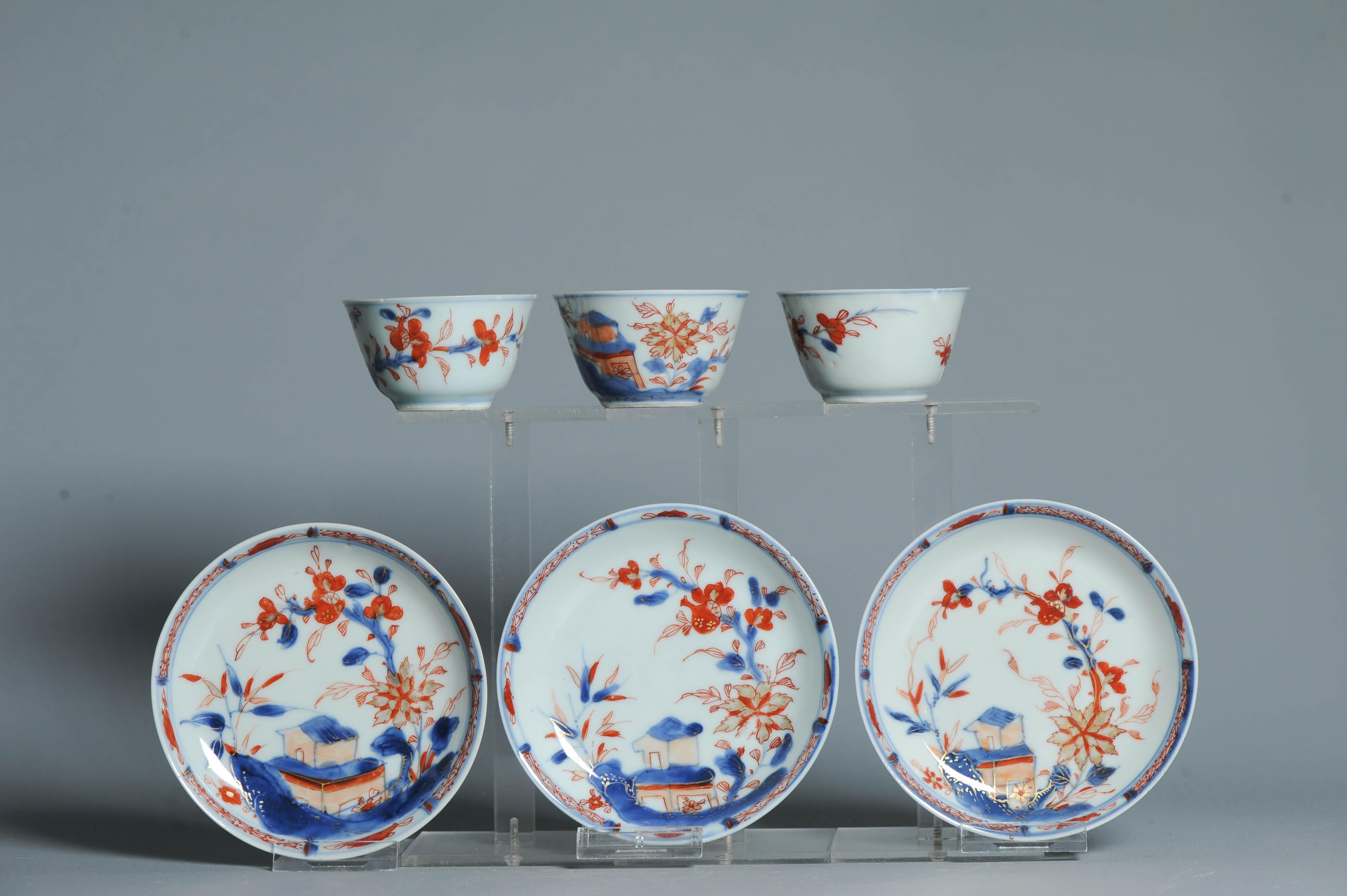 18th Century and Earlier #3 piece Antique Tea set Chinese porcelain Imari Enamel Flowers Kangxi (1662 For Sale