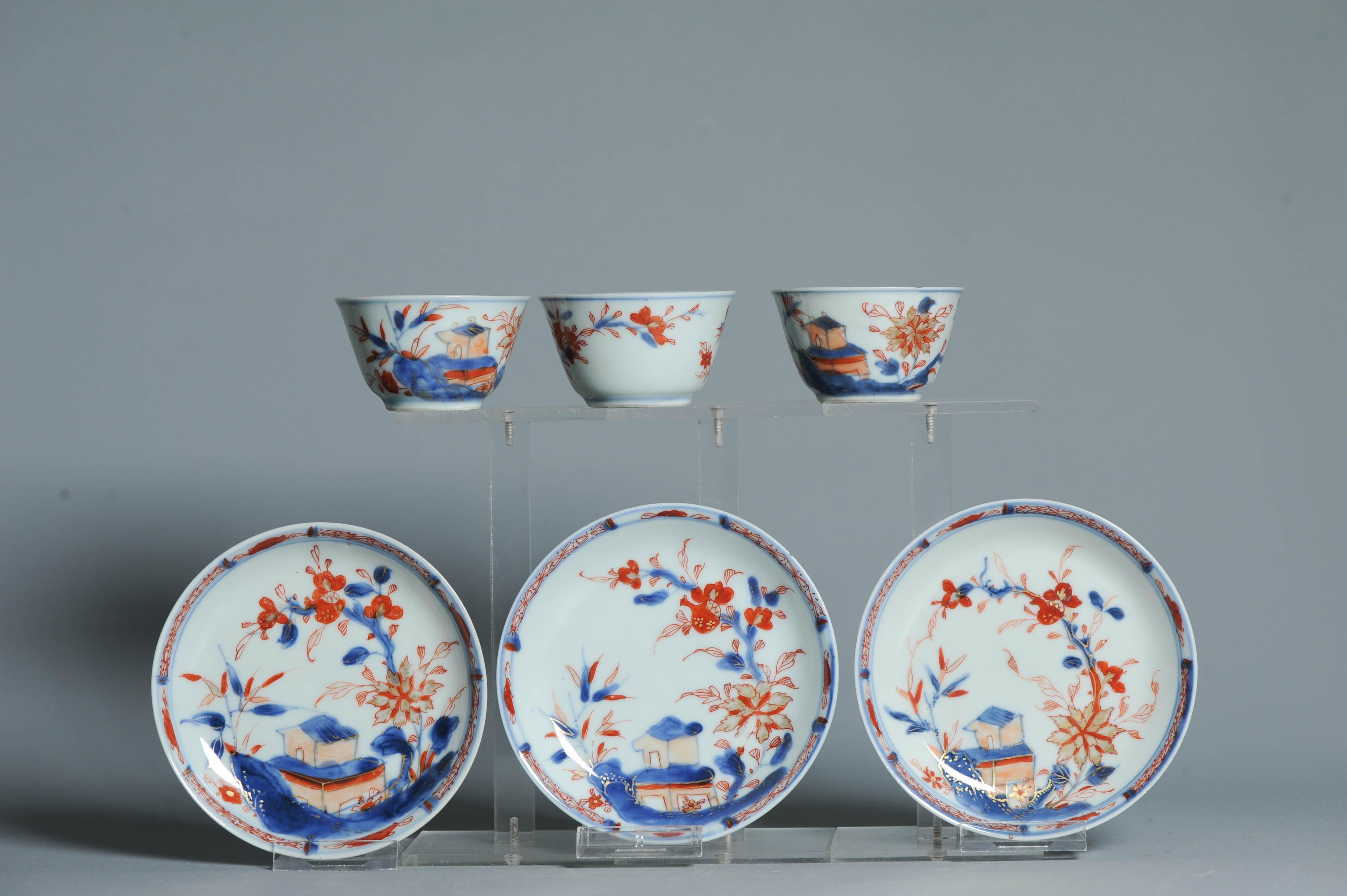 #3 piece Antique Tea set Chinese porcelain Imari Enamel Flowers Kangxi (1662 For Sale 2