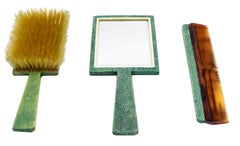 3-Piece Art Deco Green Shagreen Brush and Mirror Set