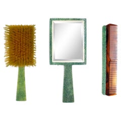 Vintage 3-Piece Art Deco Green Shagreen Brush and Mirror Set